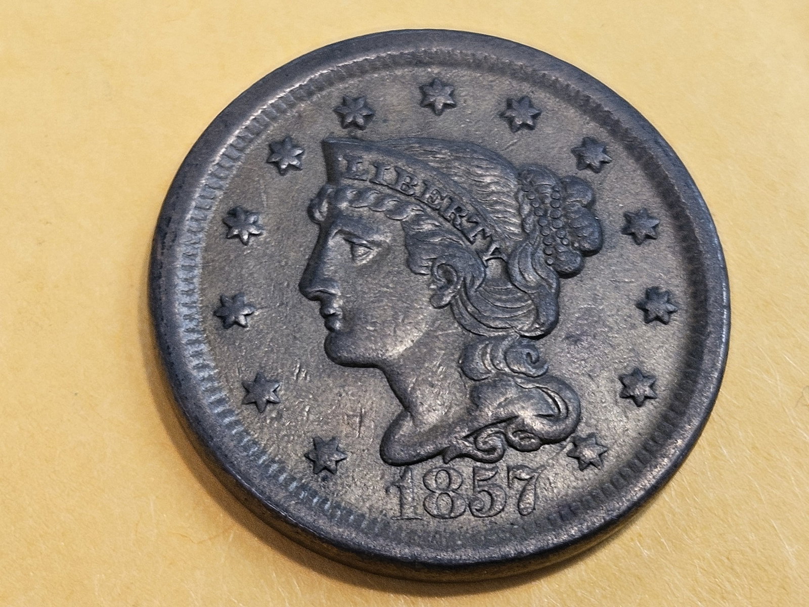 1857 Braided Hair Large Cent in About Uncirculated - 3