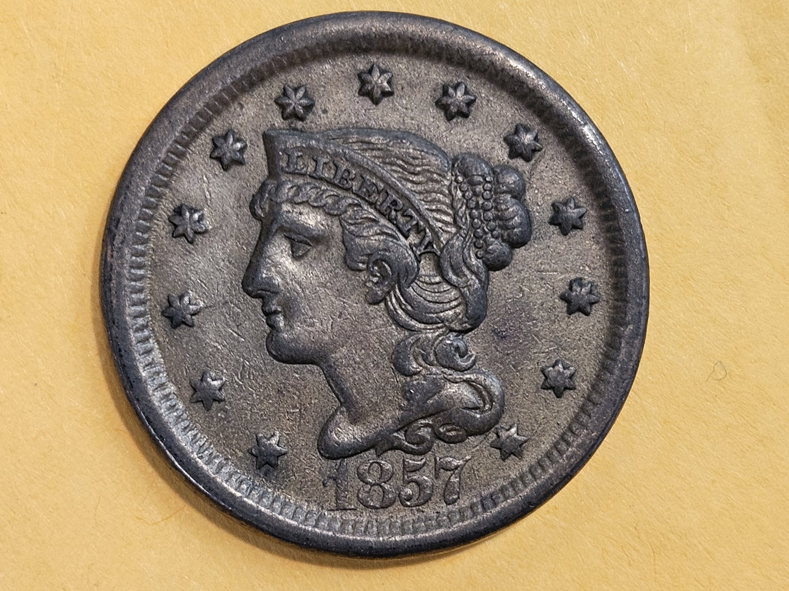 1857 Braided Hair Large Cent in About Uncirculated - 4