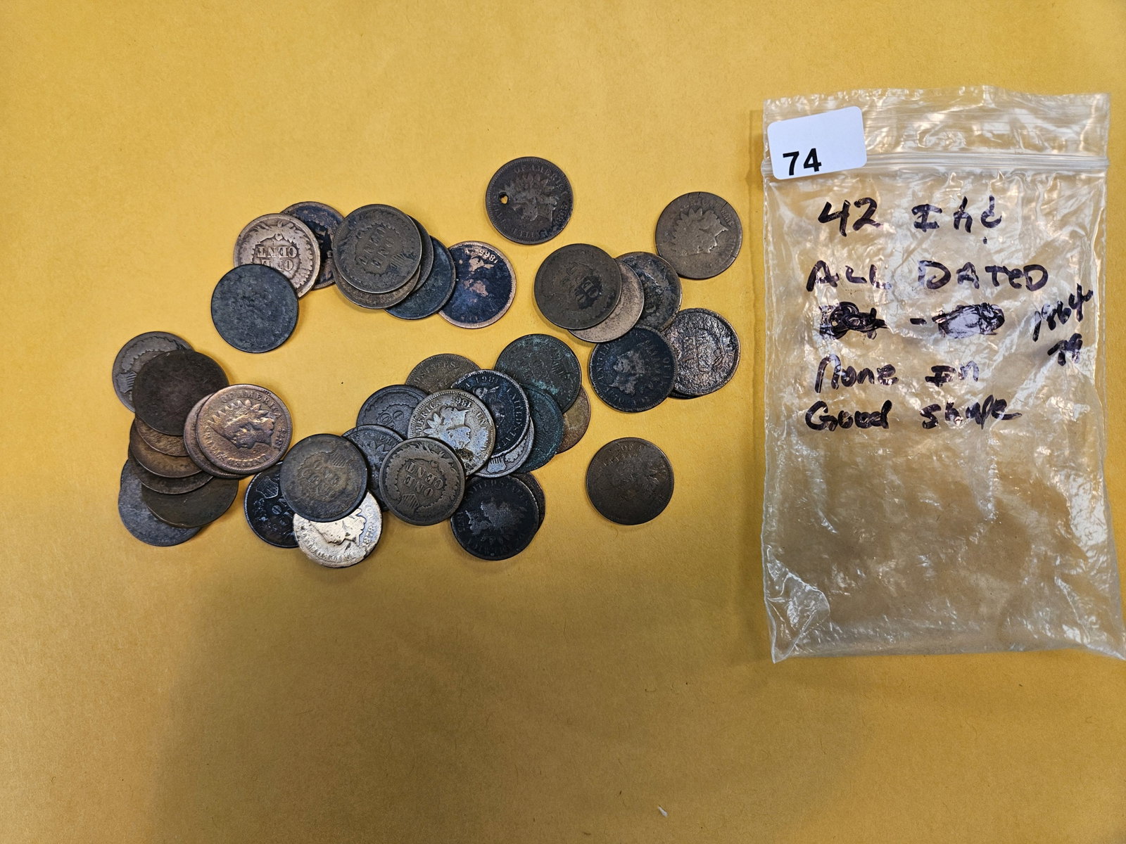 Forty-two Indian Cents: All dated 1864 to 1879. All very well circulated or with issues