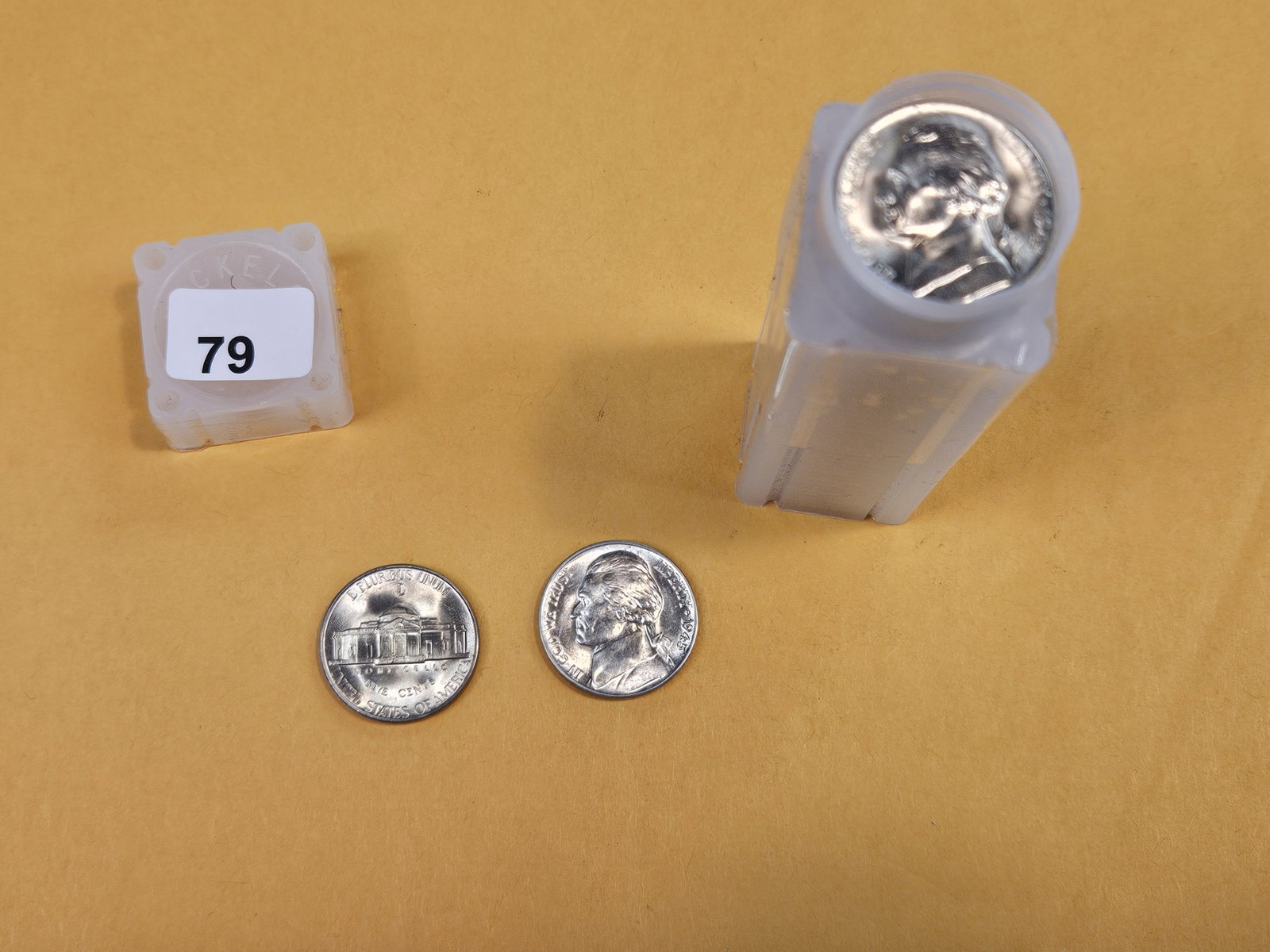 Full, Brilliant Uncirculated Roll of Silver 1945-D Jefferson Nickels: Top couple are GEM BU. Didn't search the rest cuz the tube is pretty tight.