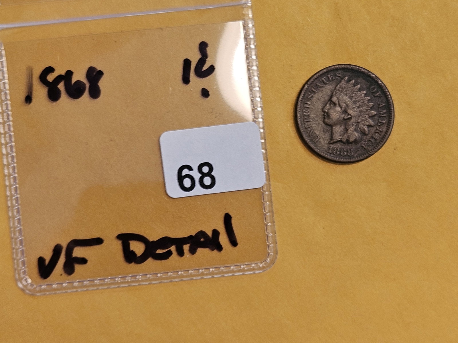 Semi-Key 1868 Indian Cent in Very Fine - details - 2