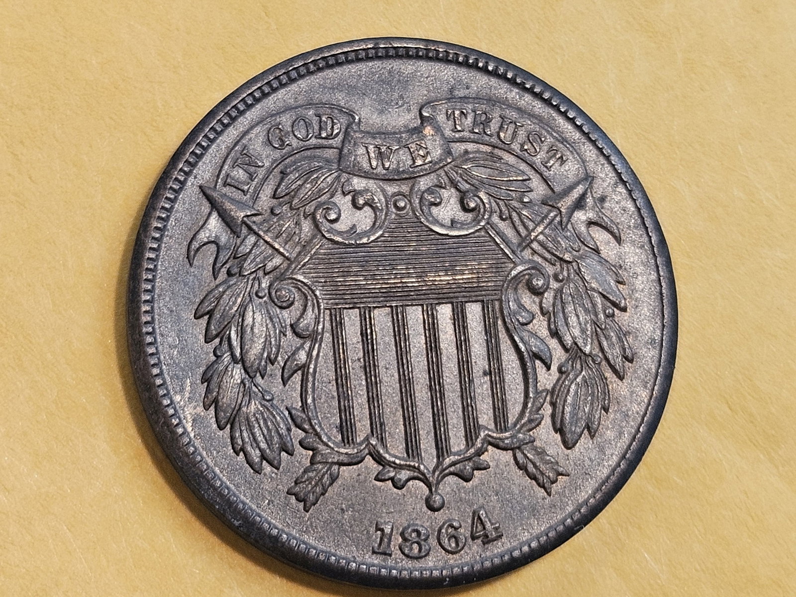 * Choice Brown Uncirculated 1864 Two Cent Piece: Little bit of red luster in the protected areas