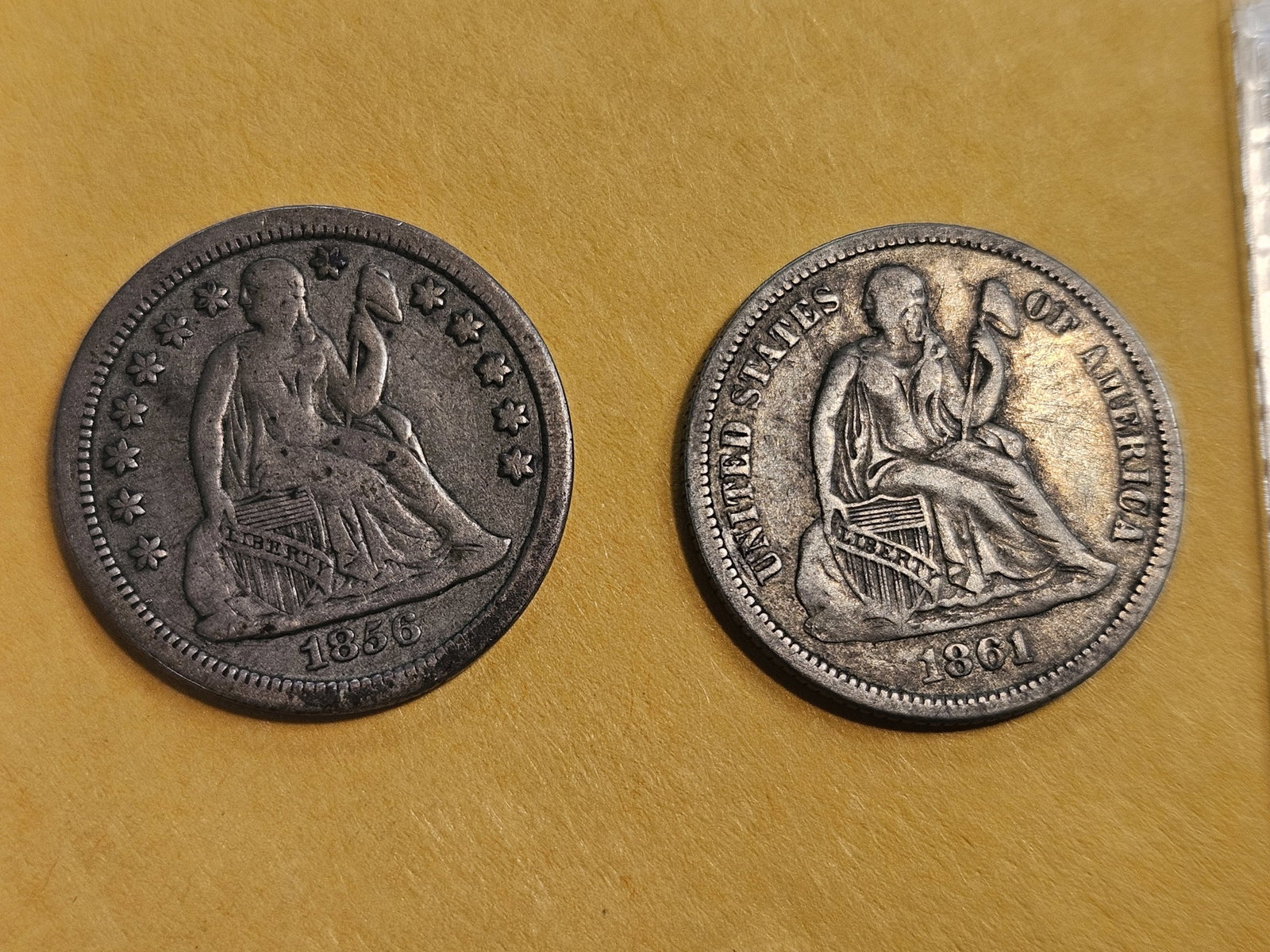 1856 and 1861 Seated Liberty Silver Dimes: Both in Very Fine