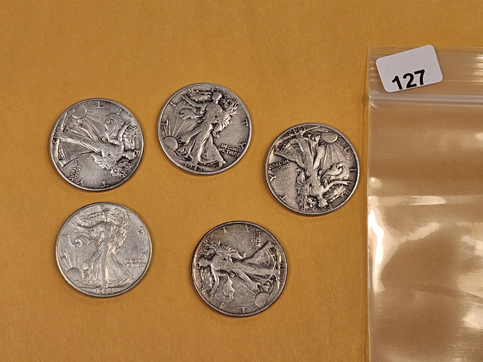 Five mixed Walking Liberty silver Half Dollars: Circulated