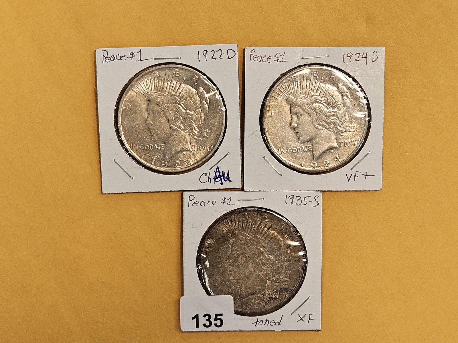 Three Peace silver Dollars: All VF to AU