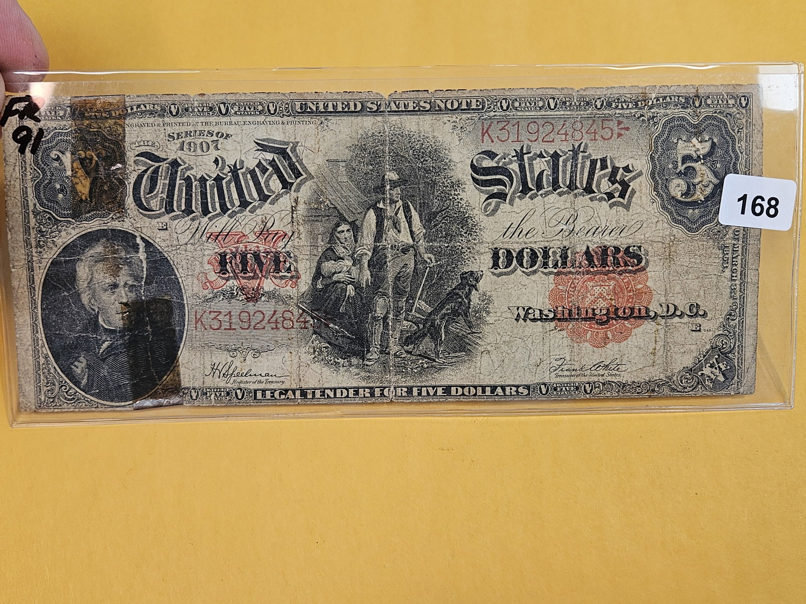 Series 1907 WOODCHOPPER Note: FR 91. Five Dollars. Damaged
