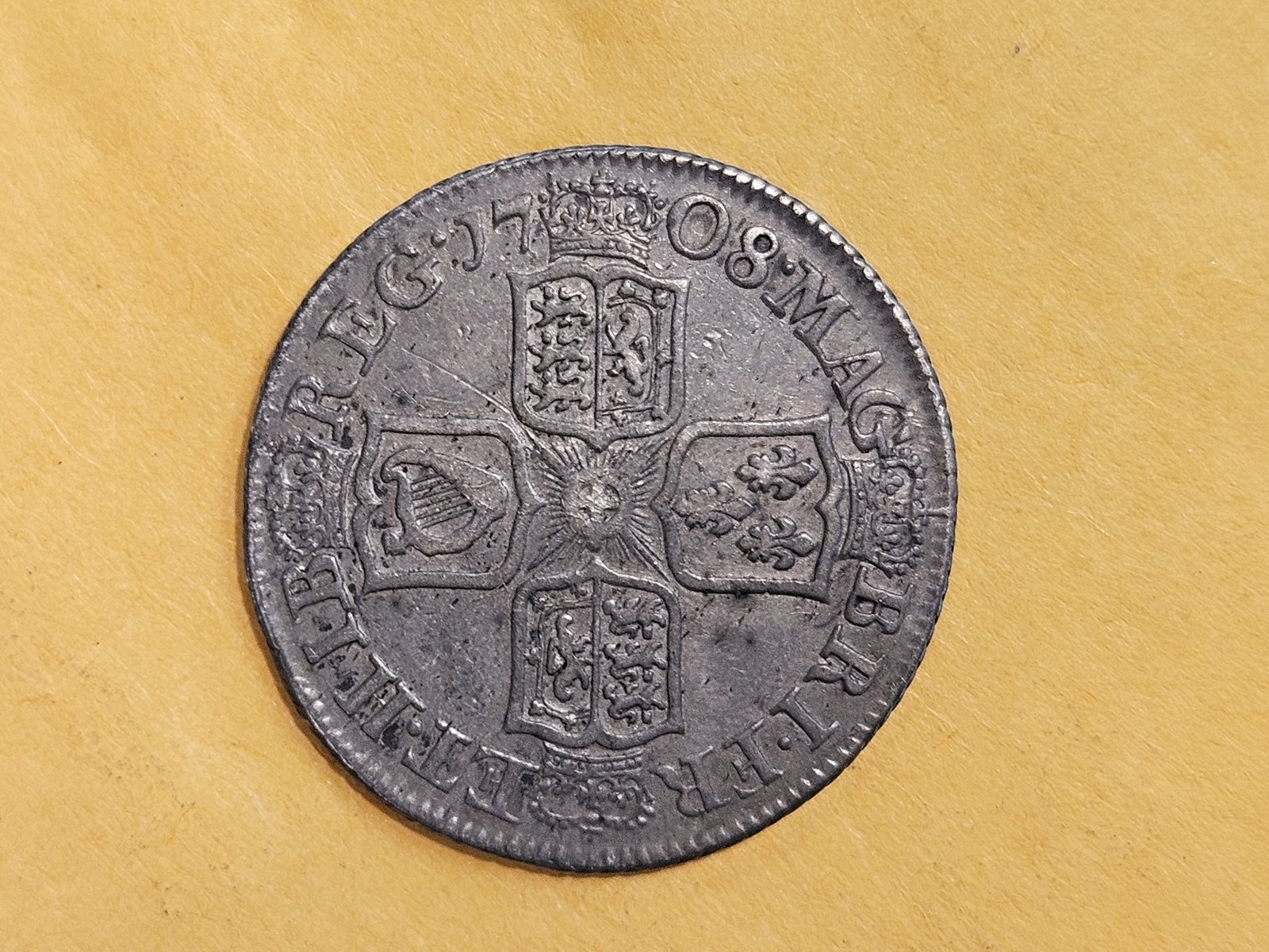 ** Rare ** 1708 Great Britain silver shilling in Very Fine - 10