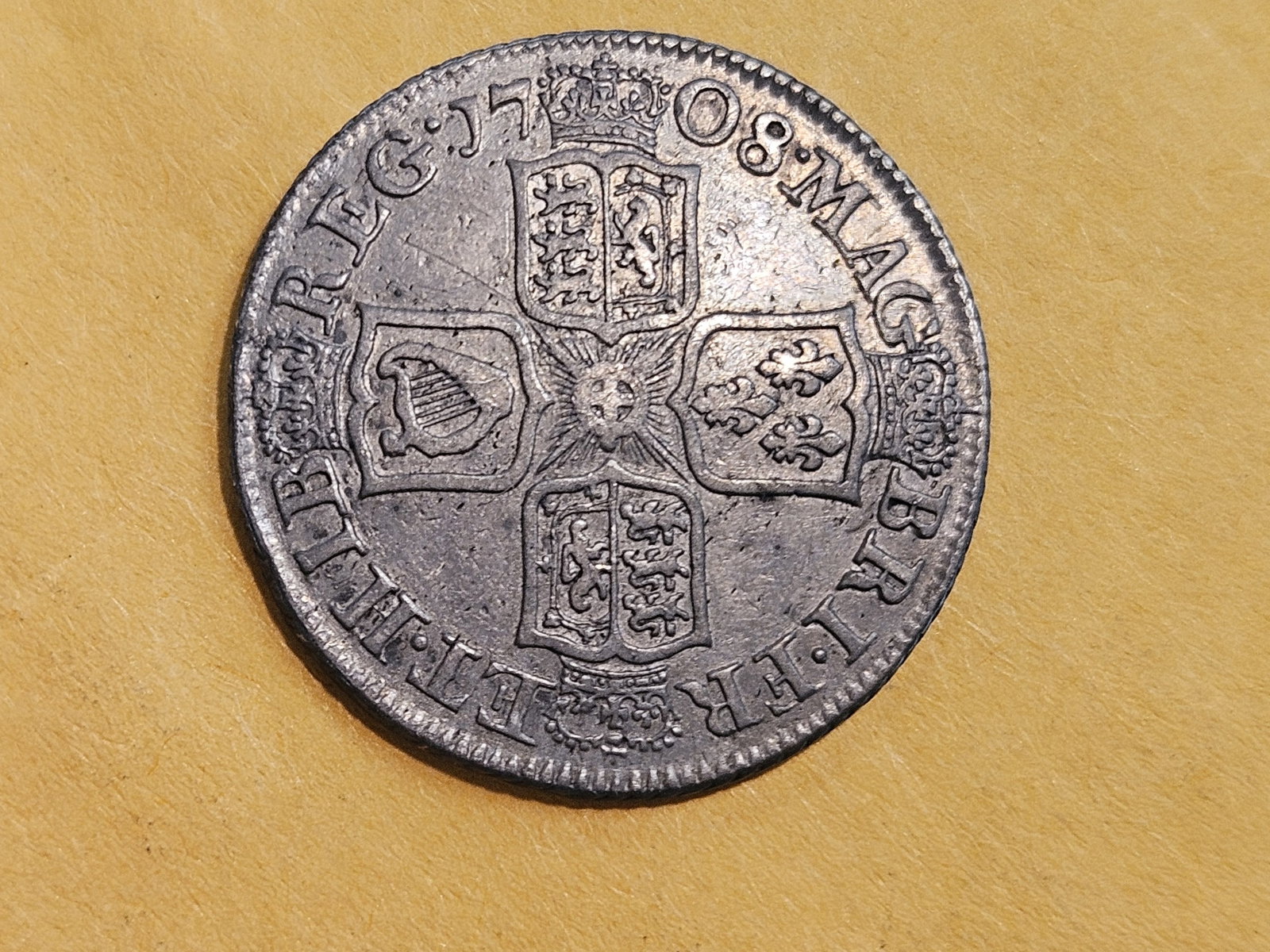 ** Rare ** 1708 Great Britain silver shilling in Very Fine - 9