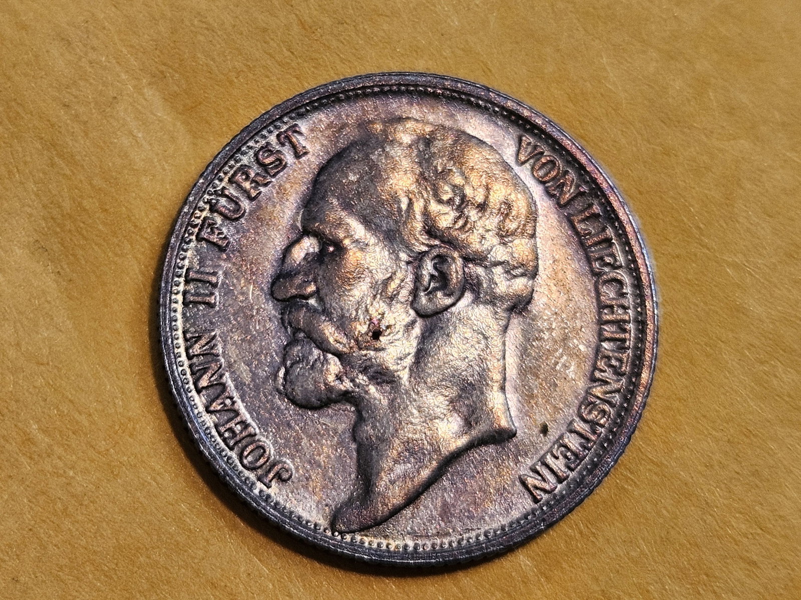 Brilliant Uncirculated 1924 Lichtenstein silver 1/2 franken: X # 7. Excellent luster and toning!