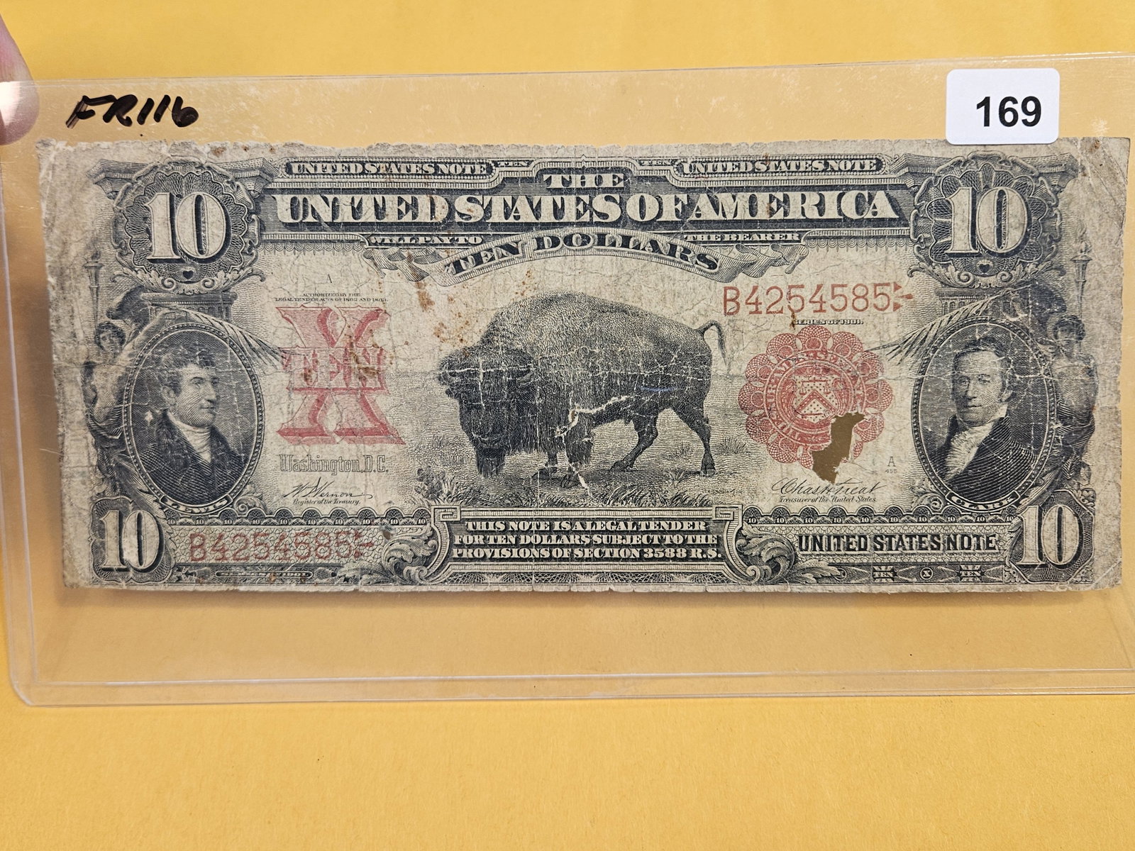 * BISON TEN DOLLAR NOTE!: Scarce note. FR 116. Well circulated with hole
