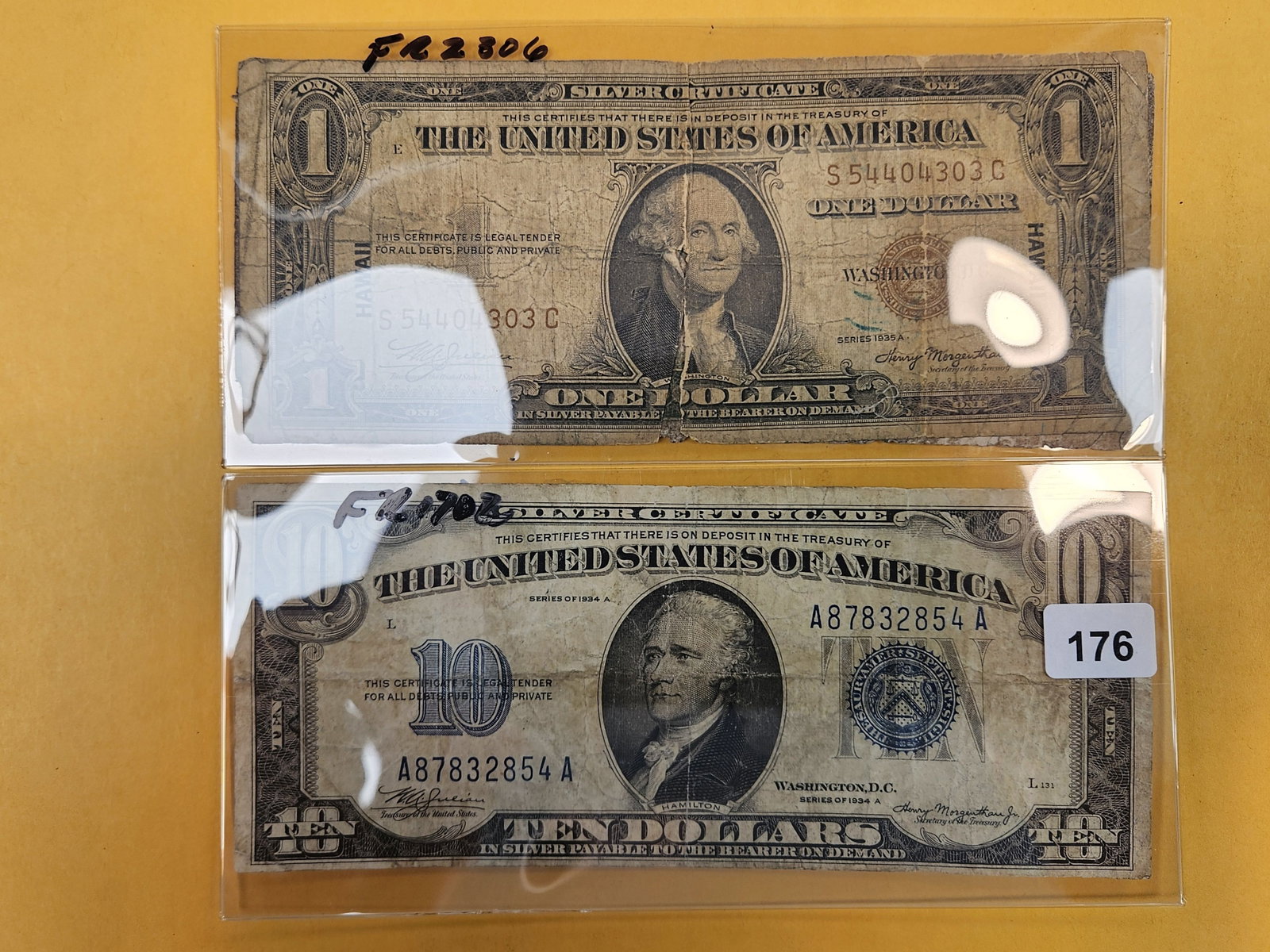 Twelve Dollars face of Silver Certificates: Ten Dollar 1934-A and Two HAWAII Overprints