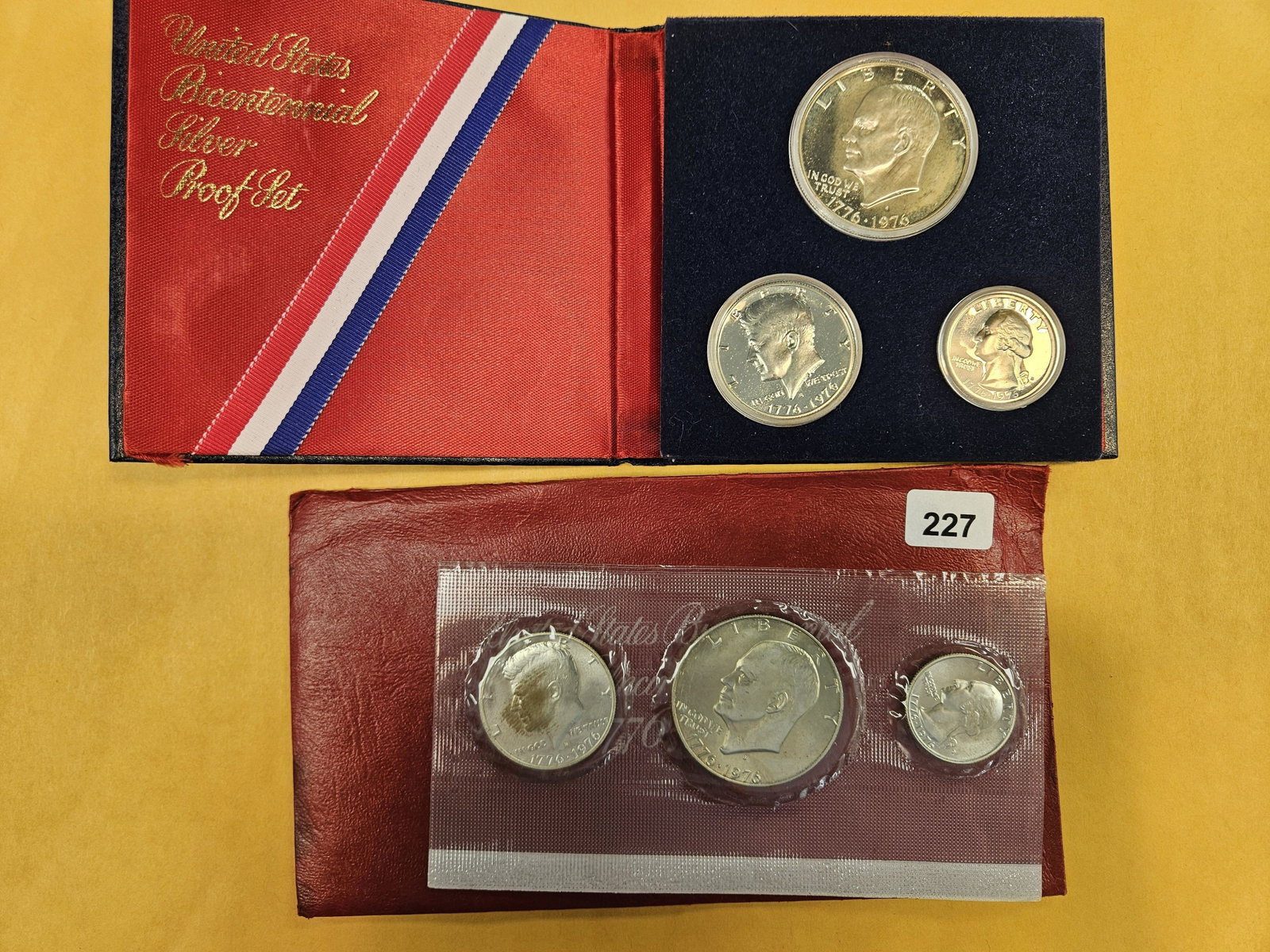 Two GEM 1976 US Bicentennial SILVER 3-coin sets: Proof and BU