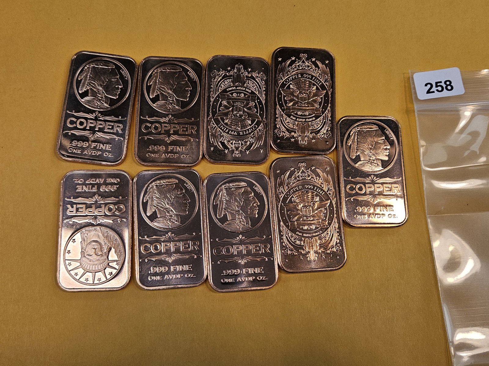 Nine .999 fine copper art bars - 2