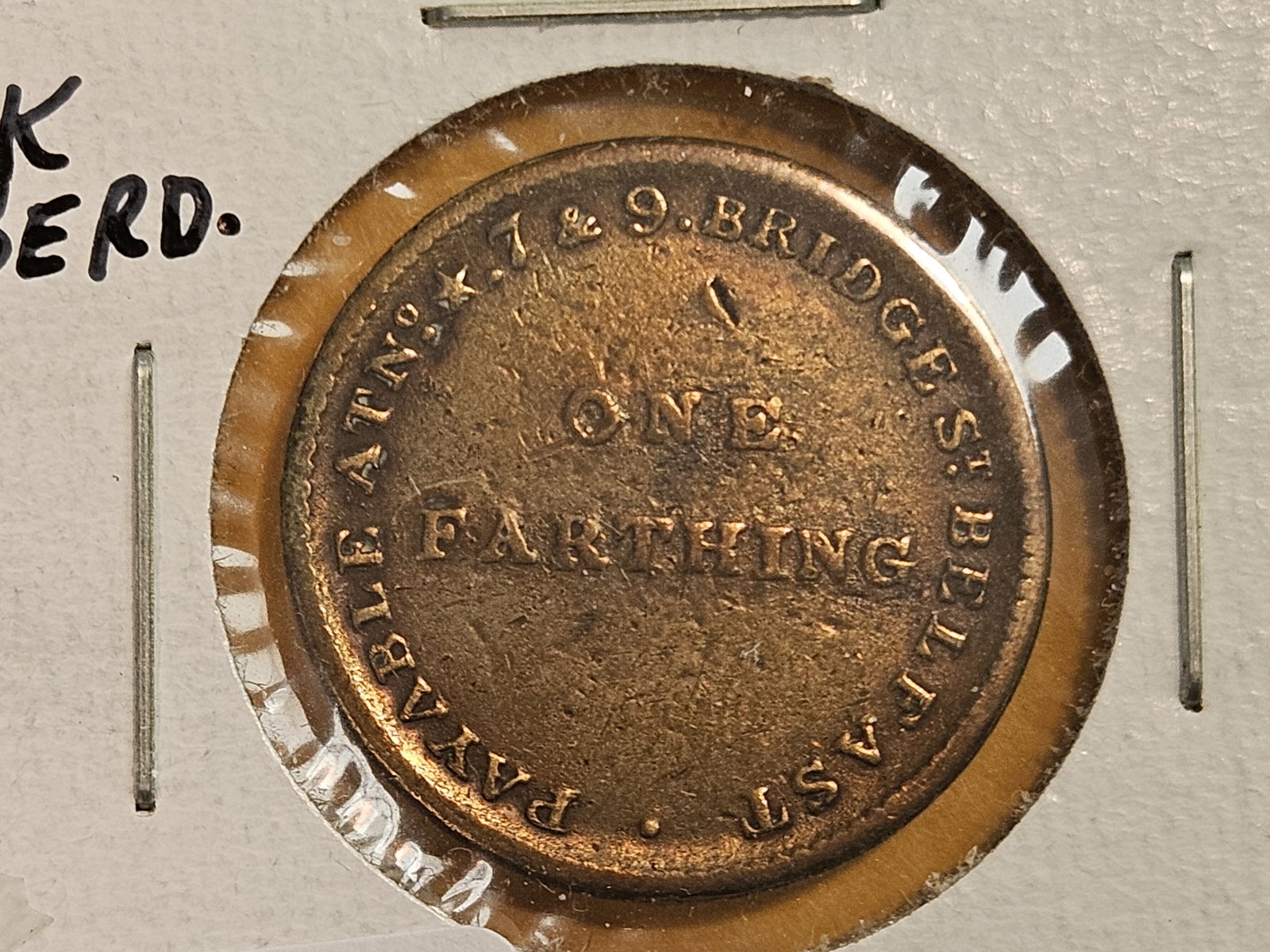 Very rare 1841 Ireland Merchant's Store Card Farthing: John Arnott. Silk Haberdasher