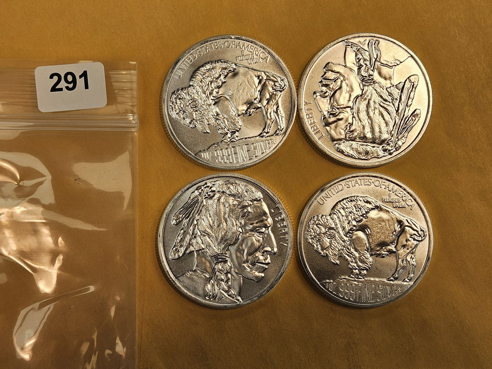 Four 1-Troy ounce .999 fine silver art rounds: Buffalo