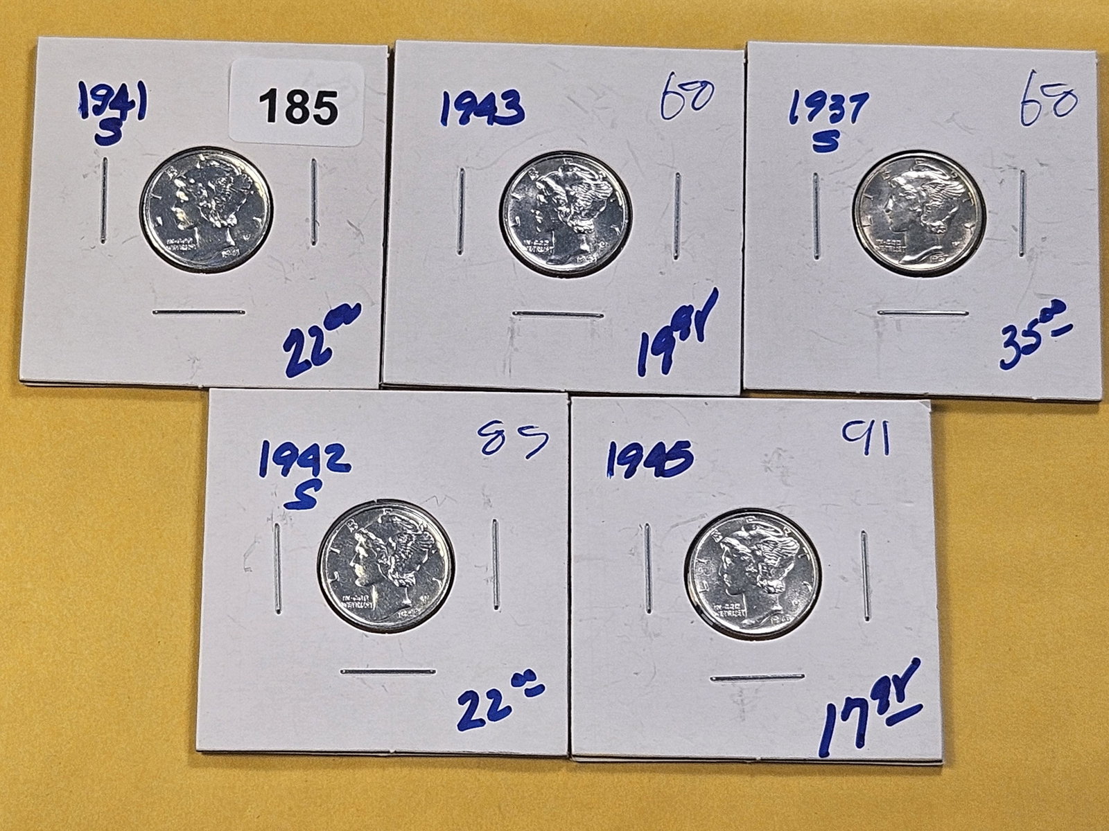 Five About Uncirculated to Brilliant Uncirculated Mercury Silver Dimes: Mixed dates and grades