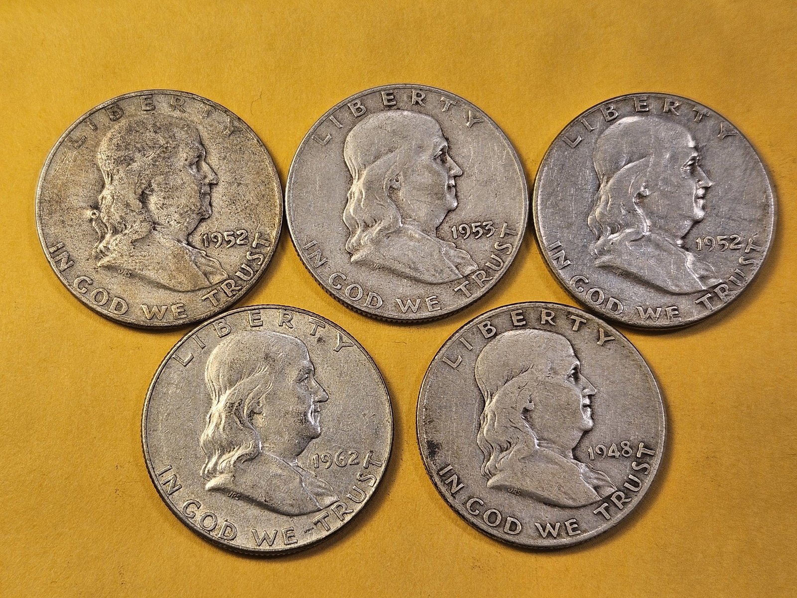 Five Circulated Franklin Silver Half Dollars - 2