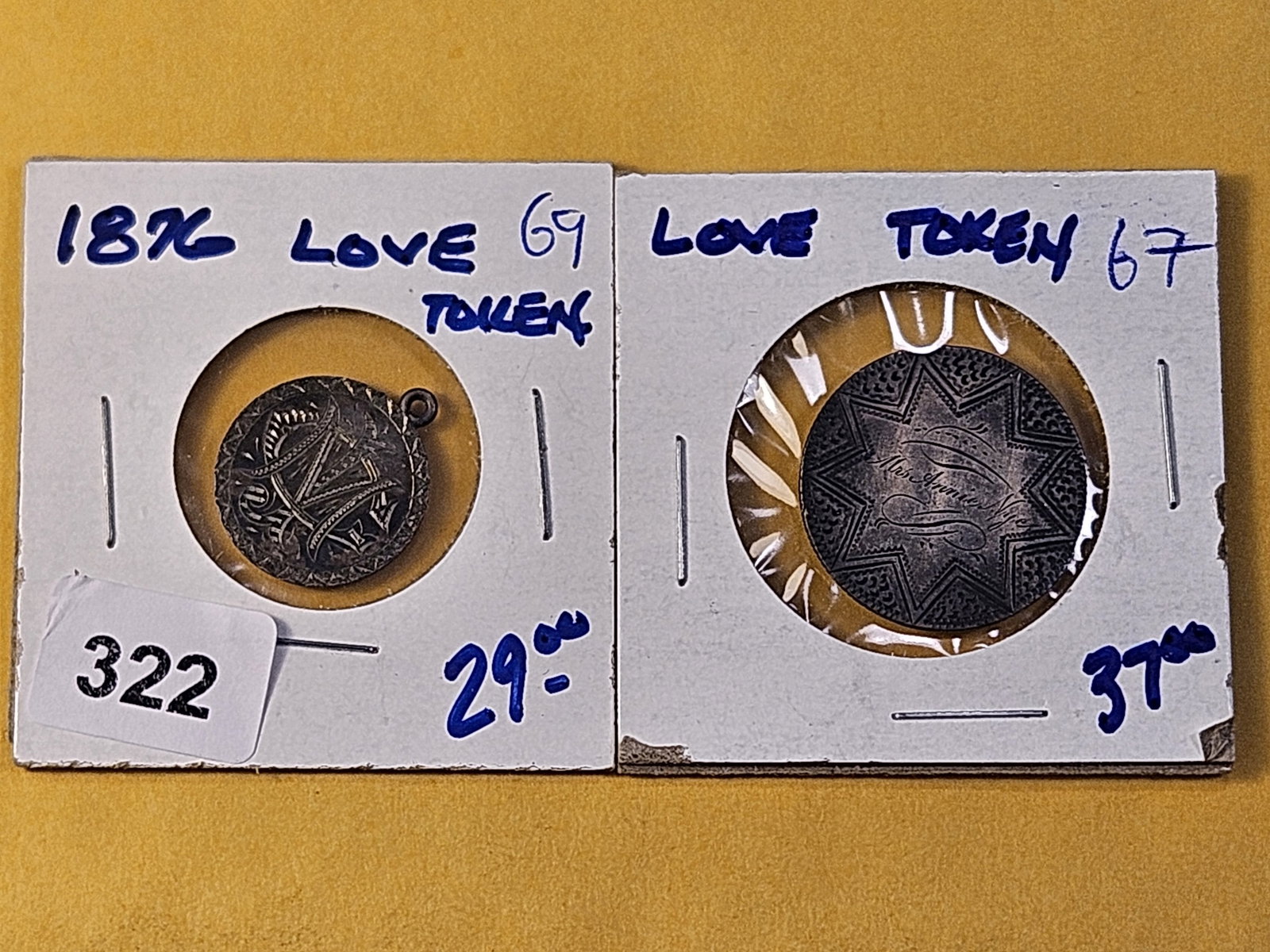 Two US Silver Coin Love Tokens: Undated Seated Liberty Silver Quarter and 1876 Seated Liberty Silver Dime