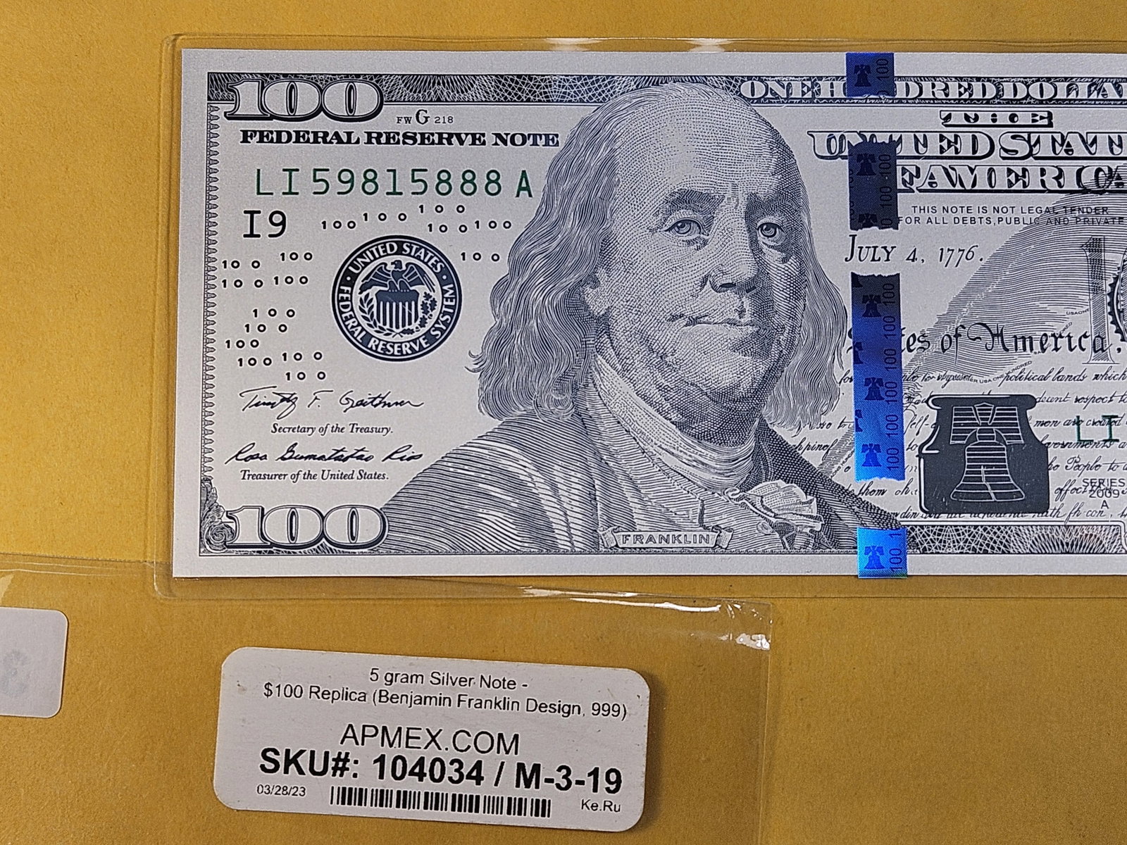Silver $100 Replica Note - 2