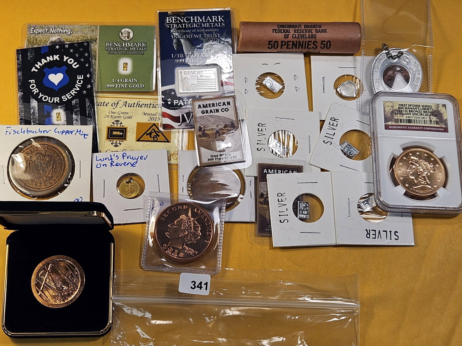 HODGEPODGE Lot! With Gold and Silver: Three Mini Gold bars, Silver Bars, Bronze Medal, Copper Rounds, and a Bank-wrapped Roll of 1964-D Lincoln Memorial Cents