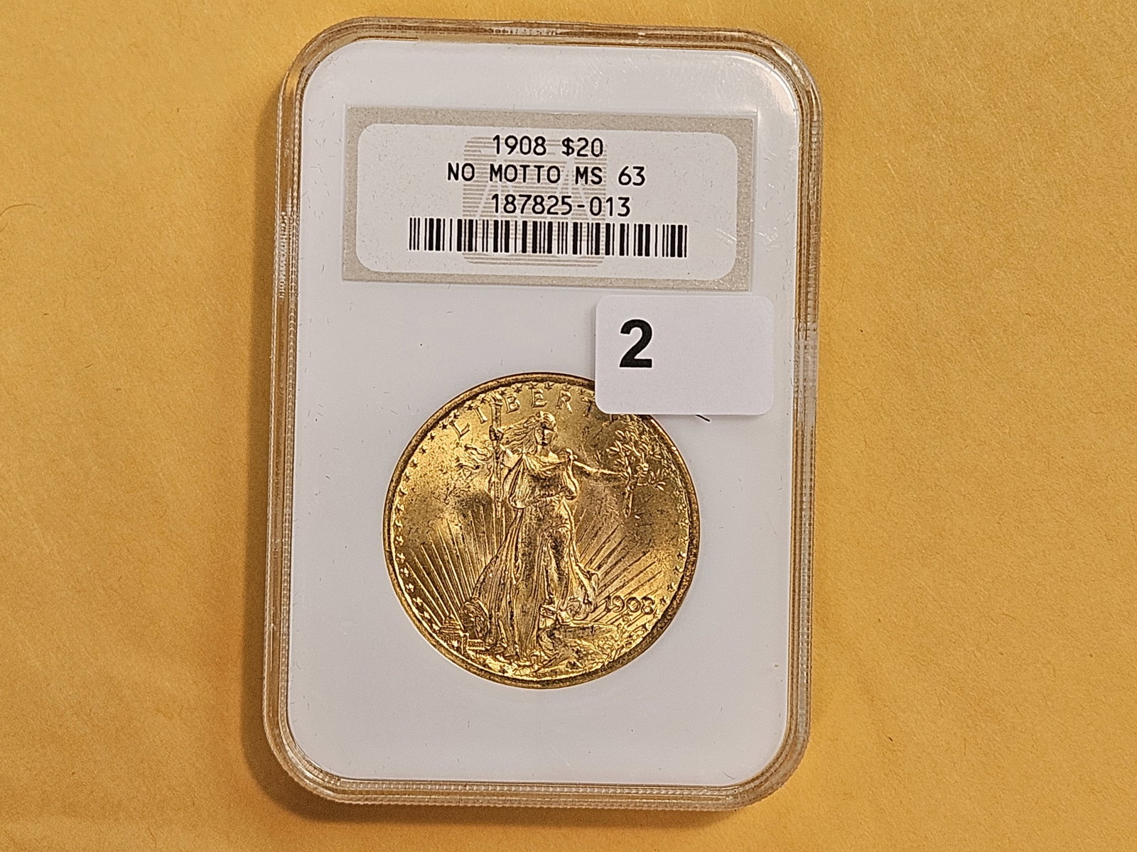 GOLD! NGC 1908 No Motto Twenty Dollar Gold Saint Gaudens in Mint State 63 - 2