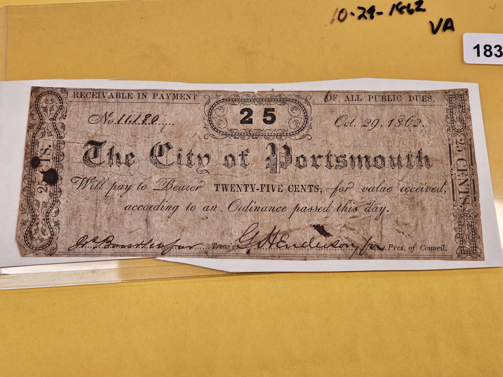 1862 City of Portsmouth Twenty-five Cent note - 2