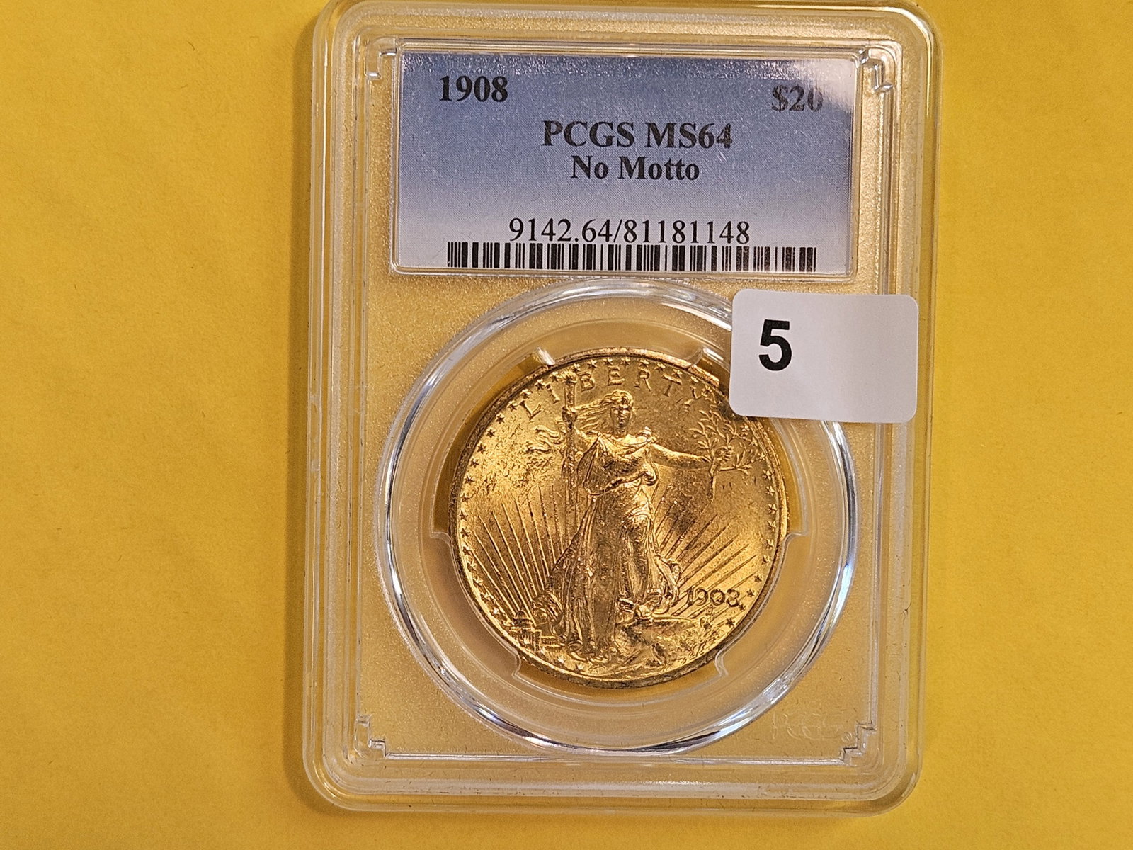 GOLD! PCGS 1908 No Motto Saint Gaudens Twenty Dollars in Mint State 64 - 2
