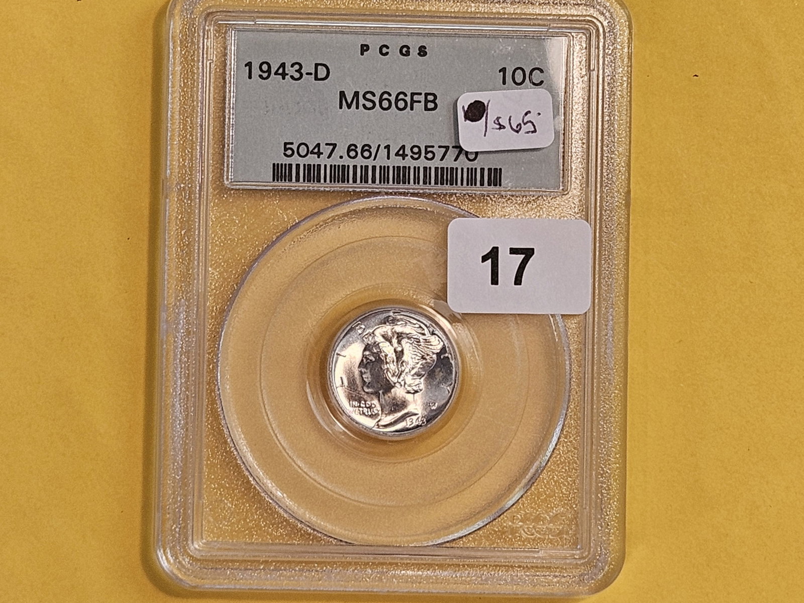 GEM! PCGS OGH! 1943-D Mercury Dime in Mint State 66 FB - 2