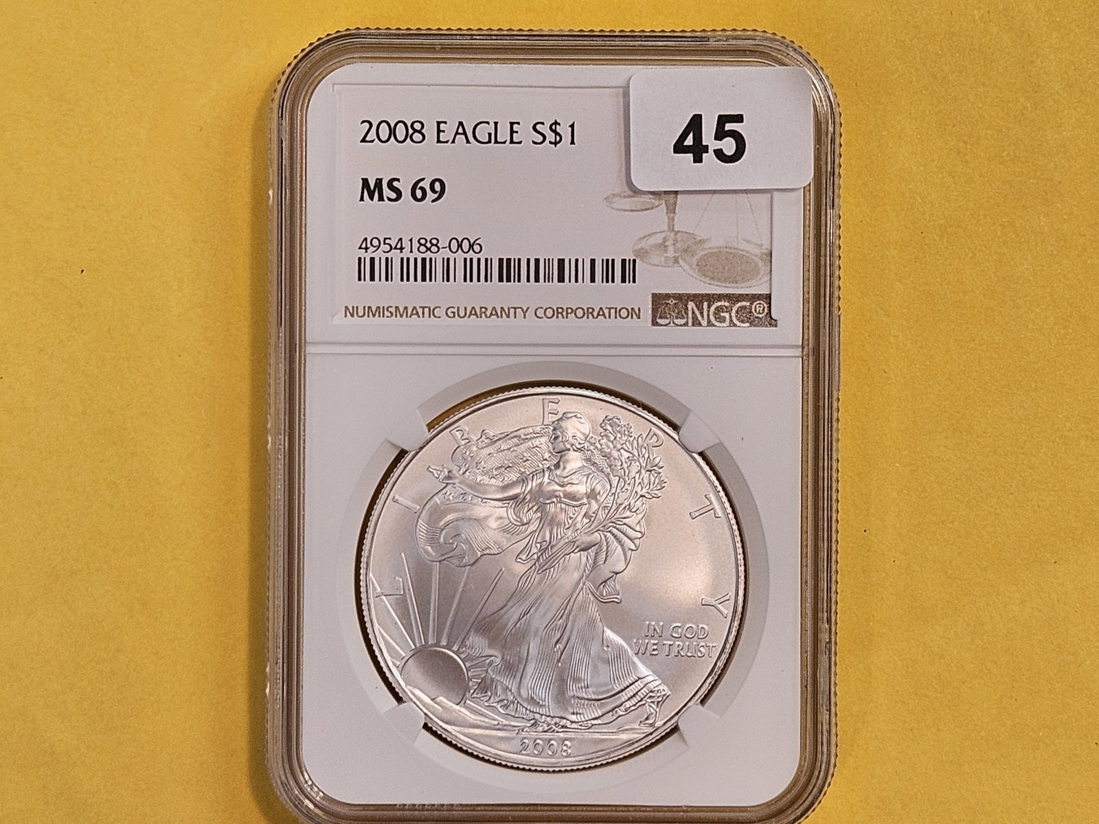 NGC 2008 American Silver Eagle in Mint State 69: Roll Fresh