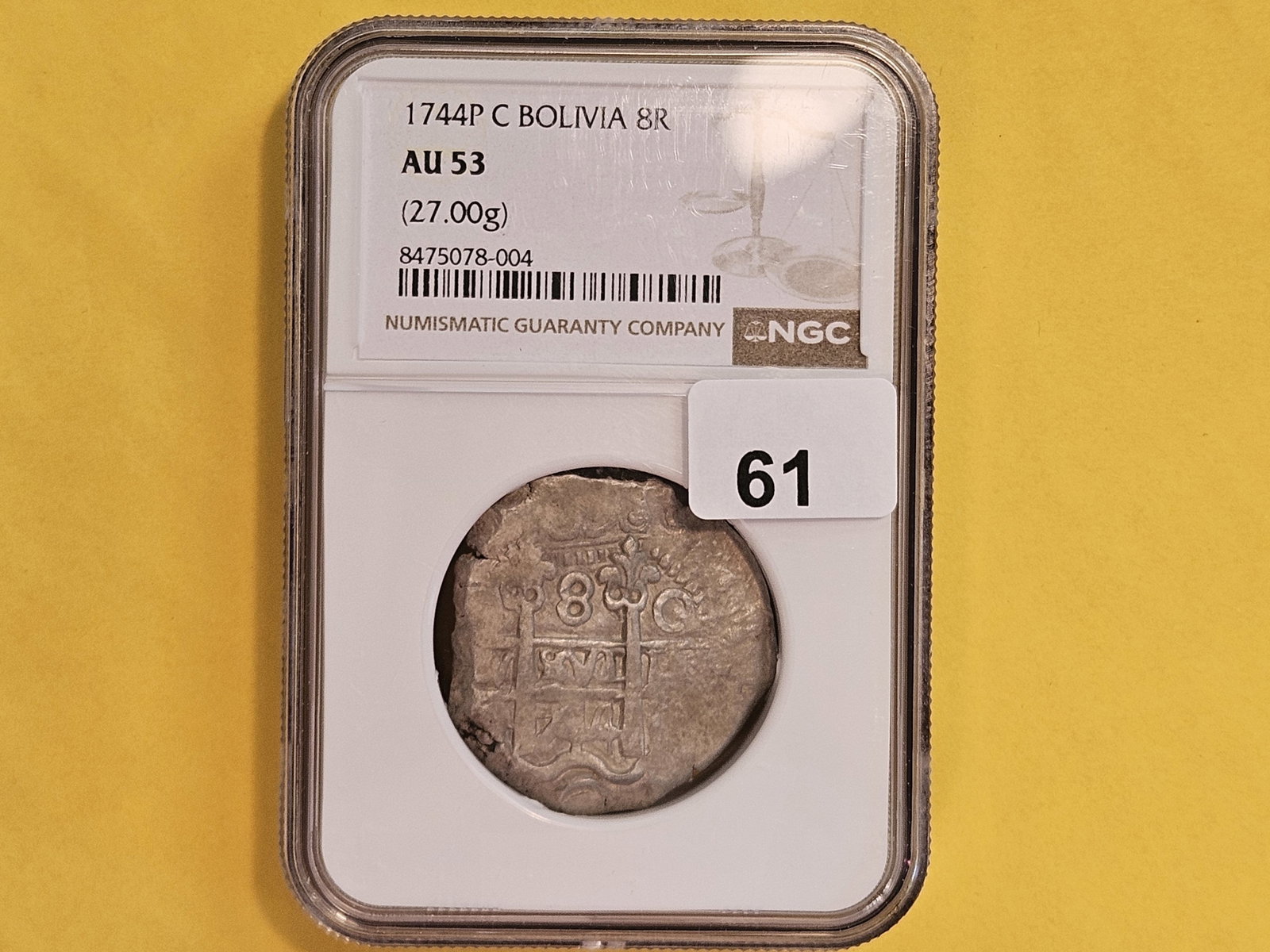 * SCARCE * NGC 1744-P Bolivia 8 Reals in About Uncirculated - 53 - 2