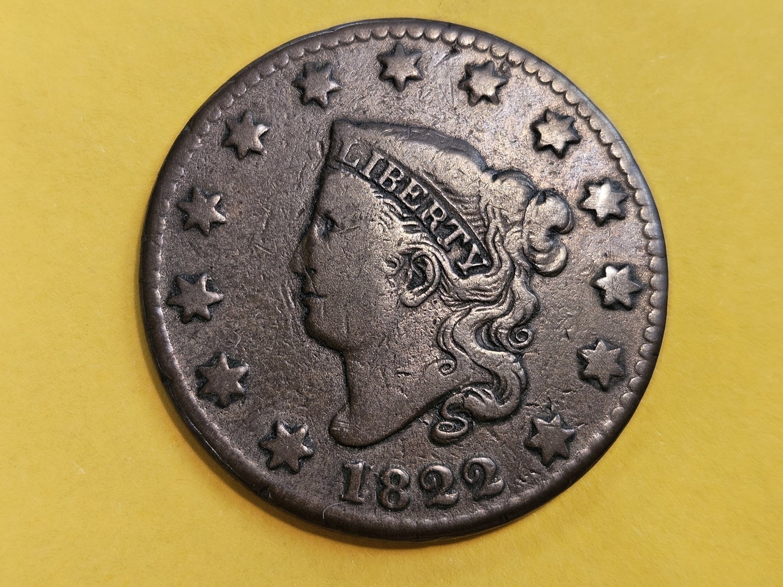 1822 Coronet Head large Cent in Fine: N-5. R-3. Light brown color