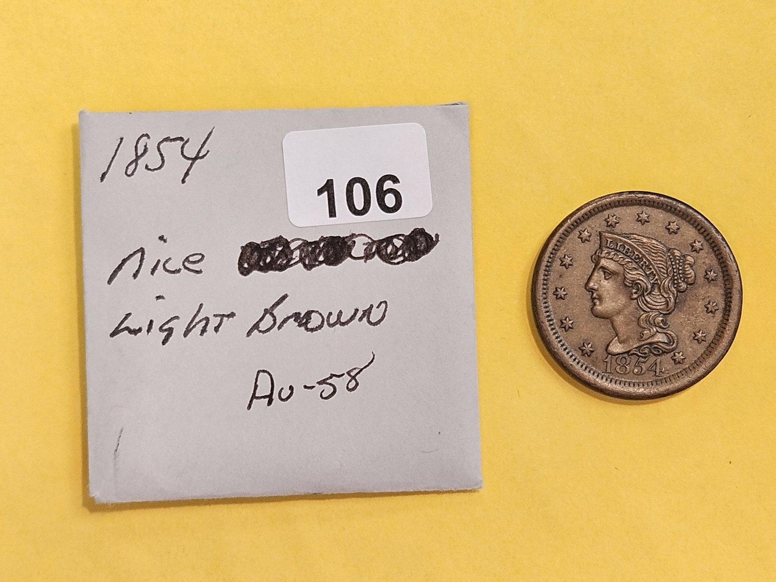 1854 Braided Hair large Cent in About Uncirculated - 58 - 2
