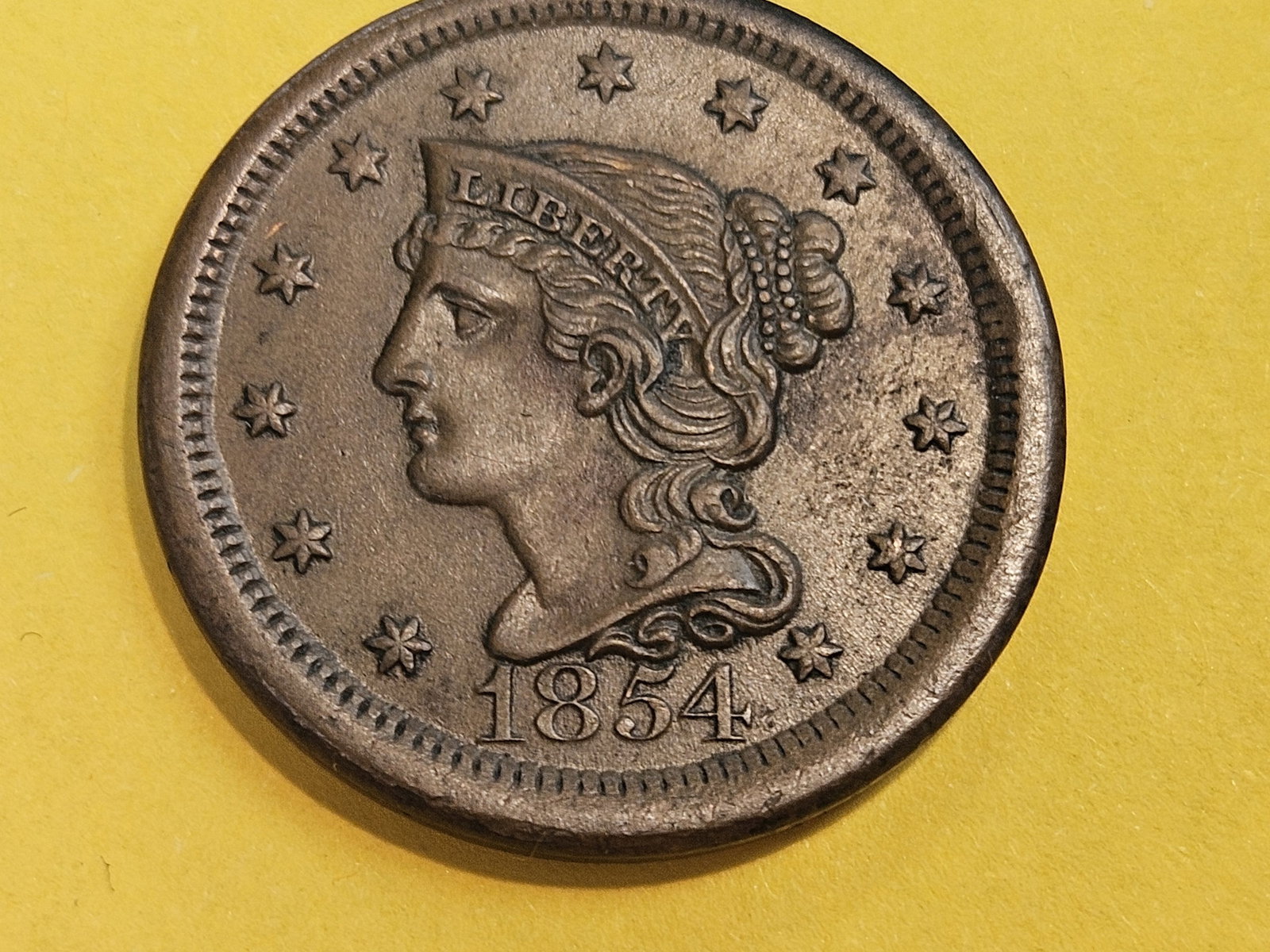 1854 Braided Hair large Cent in About Uncirculated - 58 - 3
