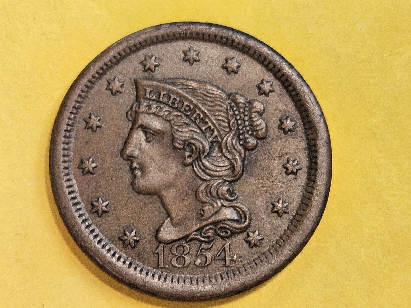 1854 Braided Hair large Cent in About Uncirculated - 58 - 4