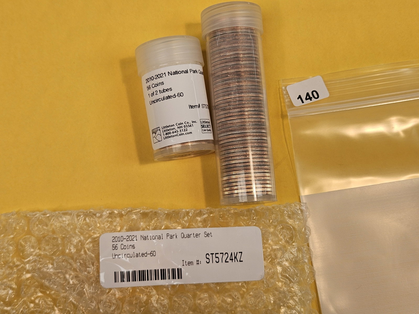 Two Rolls of Brilliant Uncirculated Washington Quarters: Fifty-six total coins. In original tubes from Littleton Coins. 2010 - 2021 National Park Quarter Set. Unopened, unchecked by us
