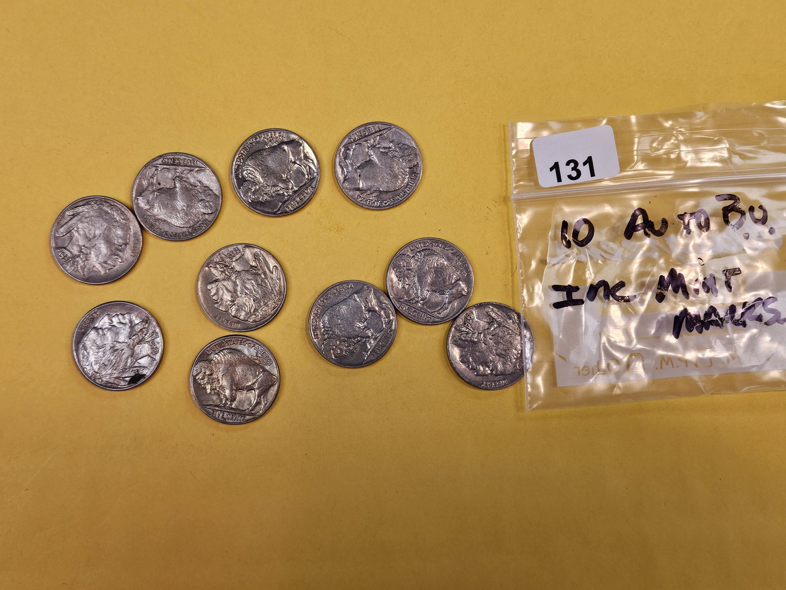 Ten Brilliant AU-BU Buffalo Nickels: Includes mint marks