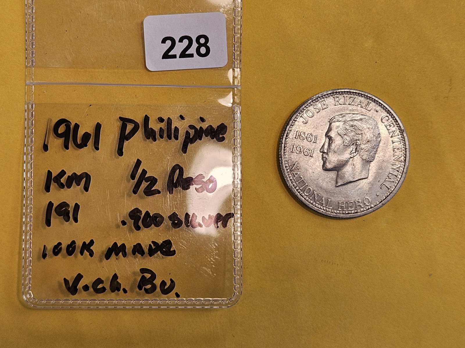 Very Choice Brilliant Uncirculated 1961 Philippines silver 1/2 peso - 2