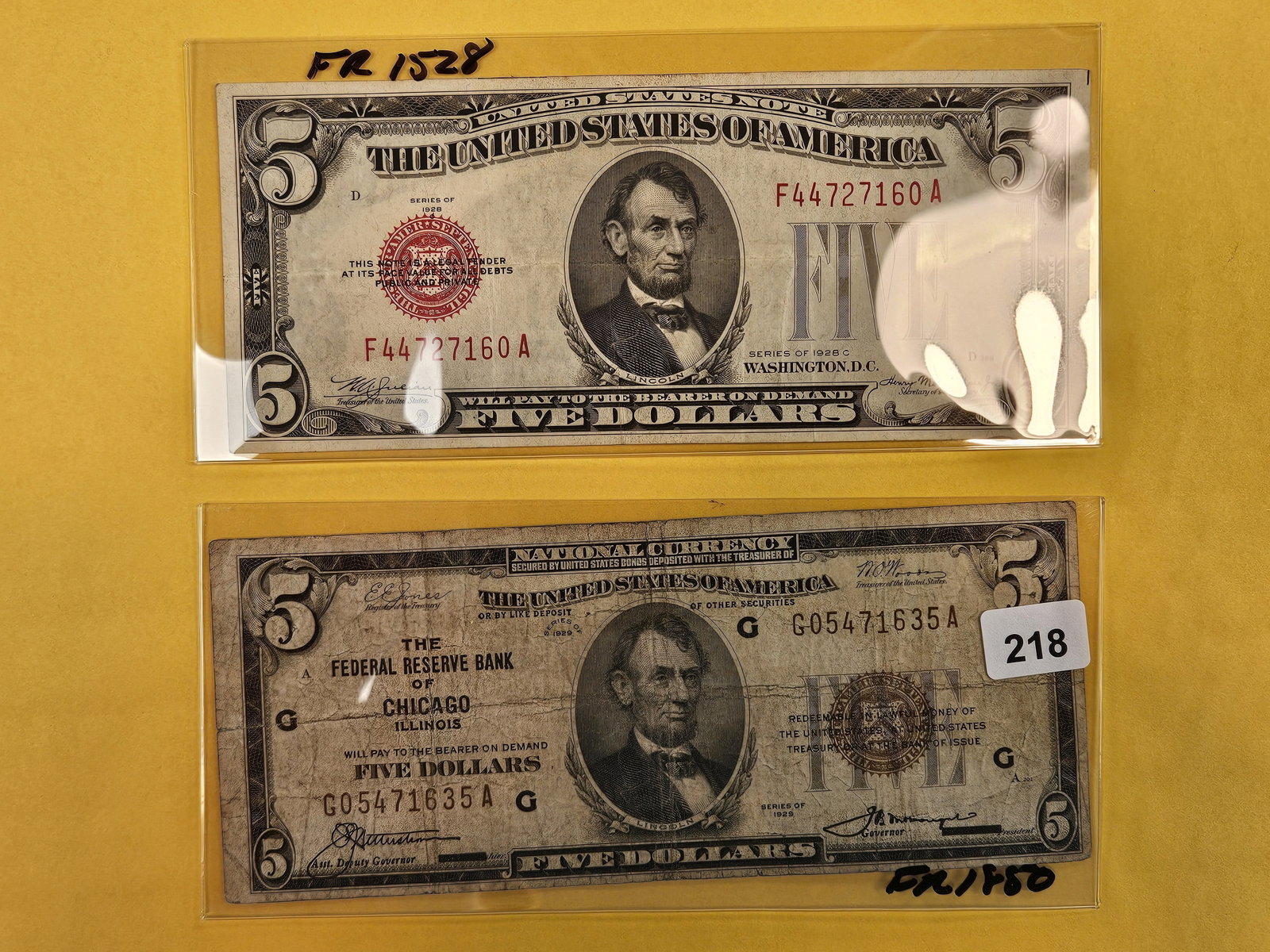 Two Five Dollar Bills: Series 1928-C in Extra Fine and Series 1929 National Currency, circulated