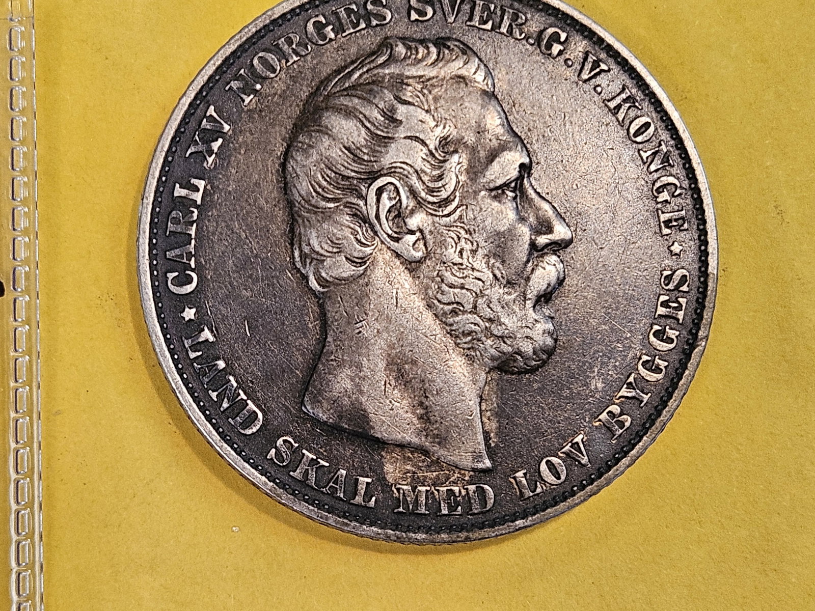 ** VERY SCARCE ** 1865 Norway 1 Speciedaler in Very Fine: Carl XV of Sweden Speciedaler 1865, KM325. Very scarce type. Last one sold in a Heritage auction for $1260!