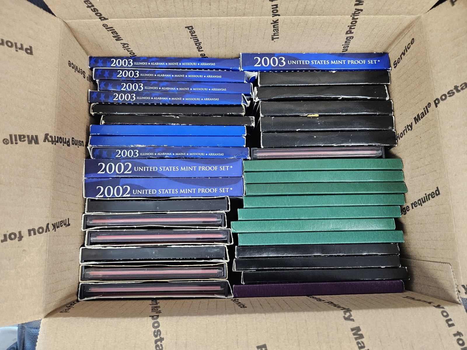 Thirty-five US Proof Sets: Ships separately in a Flat Rate Medium USPS Box. No combined shipping. This has mixed, some duplicates. Most in OGP