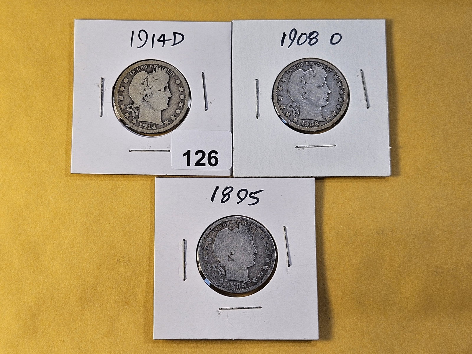 Three Circulated Barber Silver Quarters: 1895, 1908-O and 1914-D