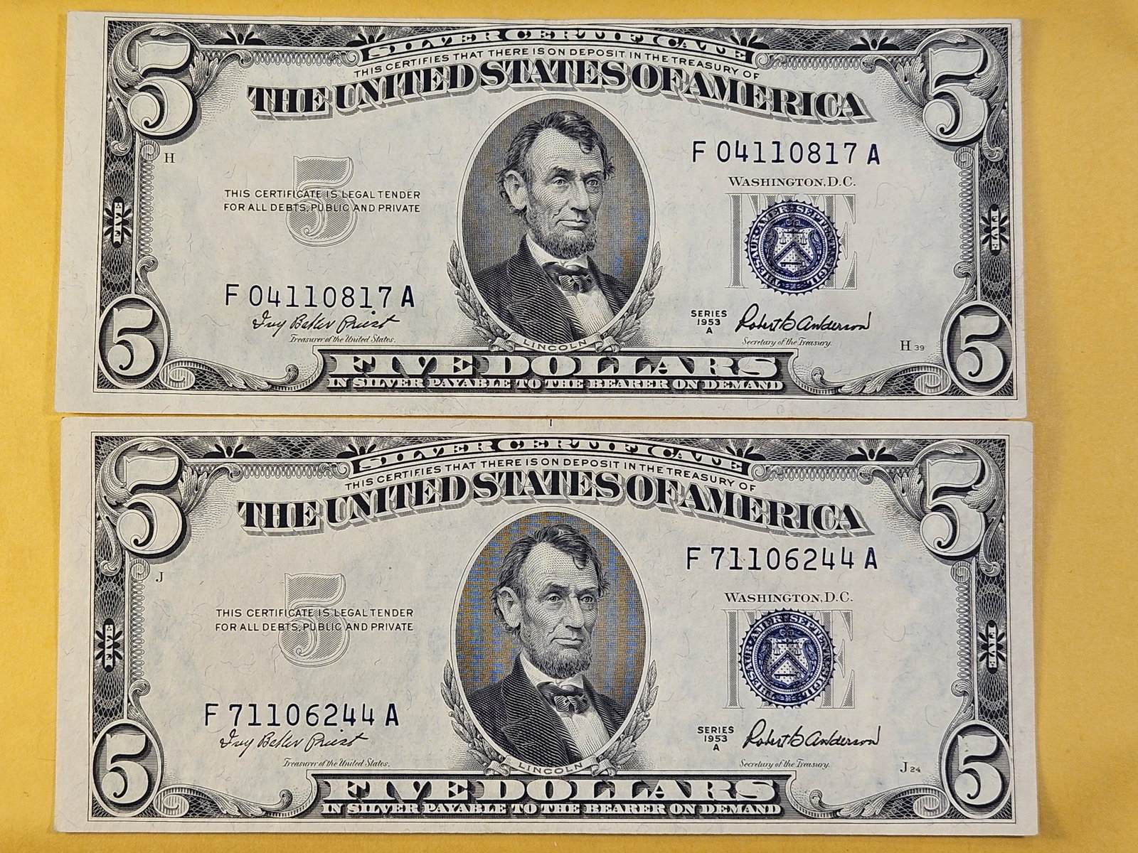 Two Series 1953-A Five Dollar Silver Certificates - 2