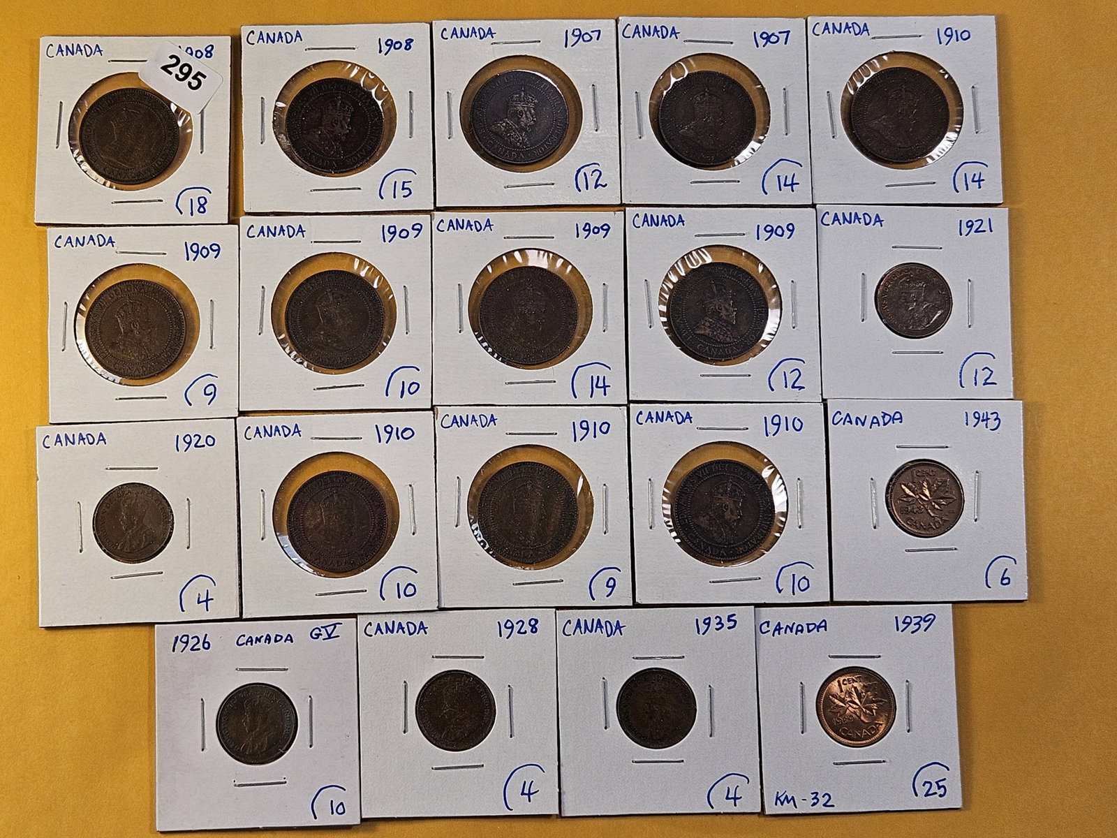 Nineteen Canadian Pennies: Mixed dates 1907-1943