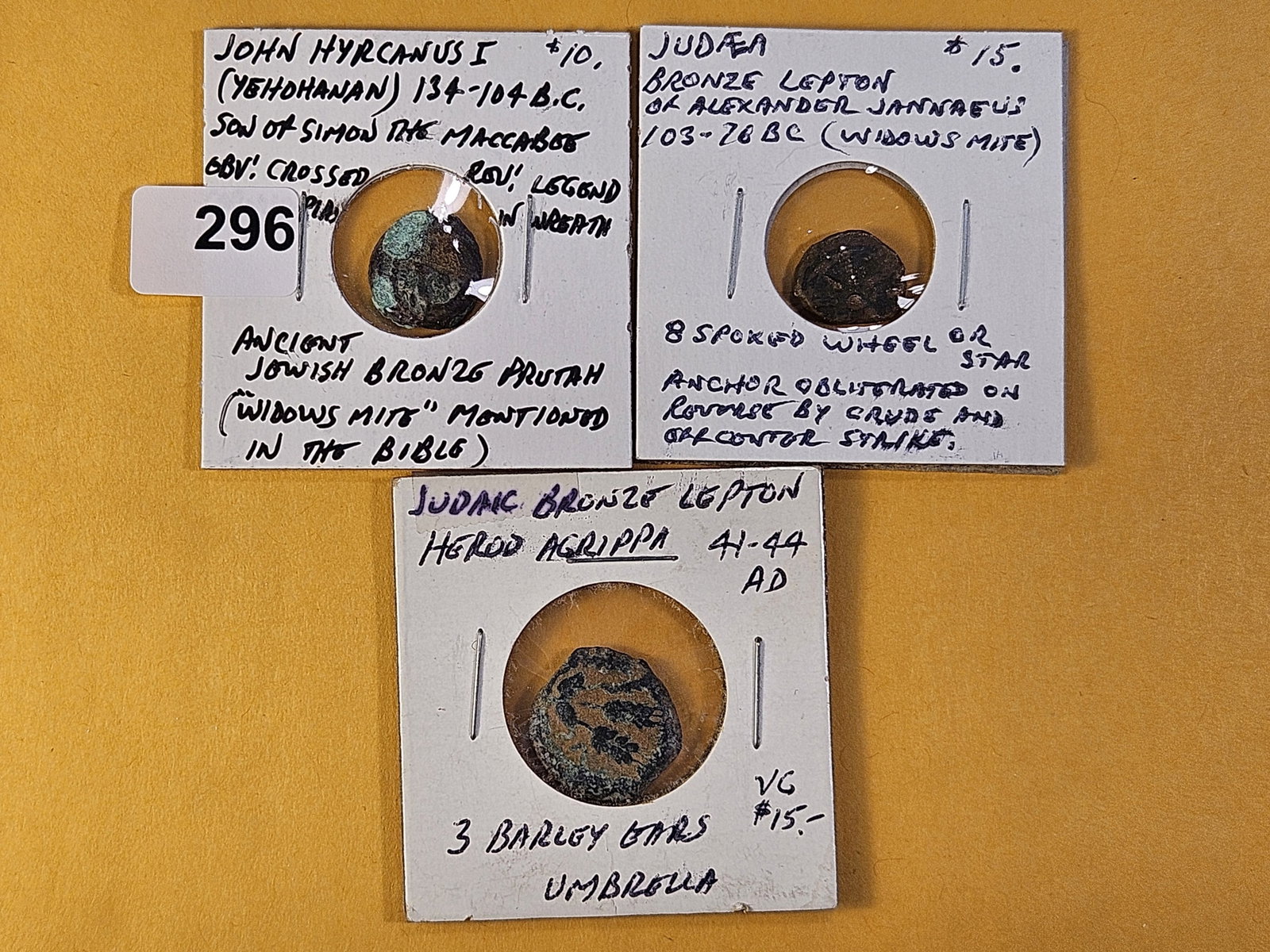 ANCIENTS! Three Ancient Coins: Two Bronze Coins from Judea, 41-44 AD and 103-76 BC and 134-104 BC Widows Mite