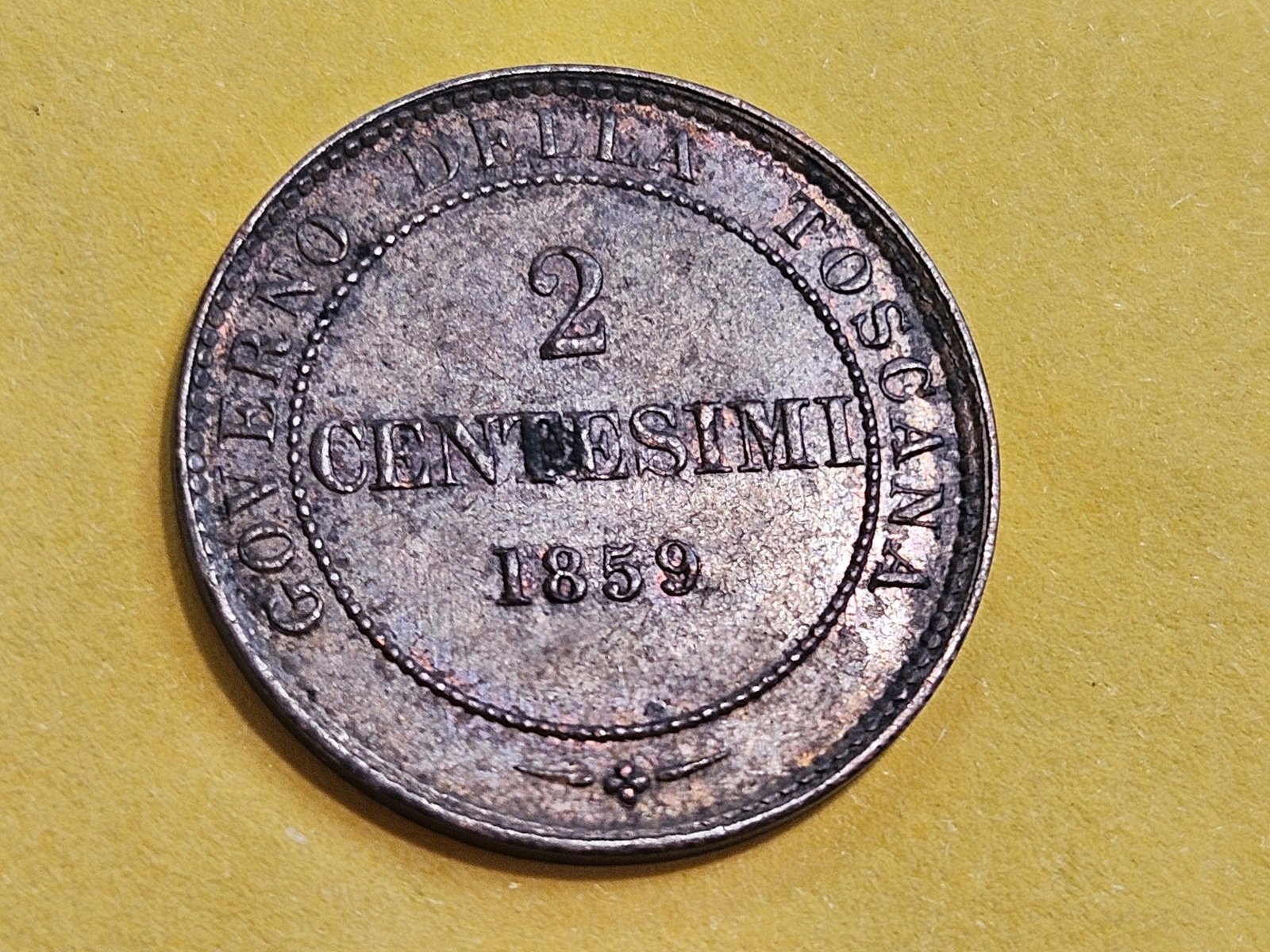 1859 Tuscany 2 cent in Choice Brown Uncirculated: KM 5. One year only. Tinges of red luster throughout
