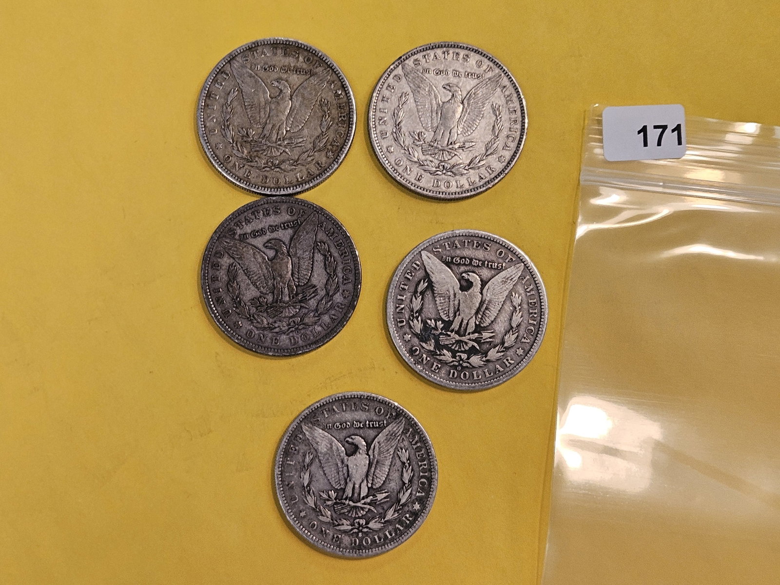 Five mixed Morgan Silver Dollars - 2