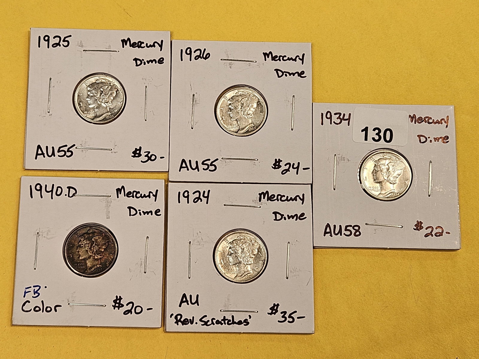 Five Brilliant AU-UNC Mercury dimes - 2