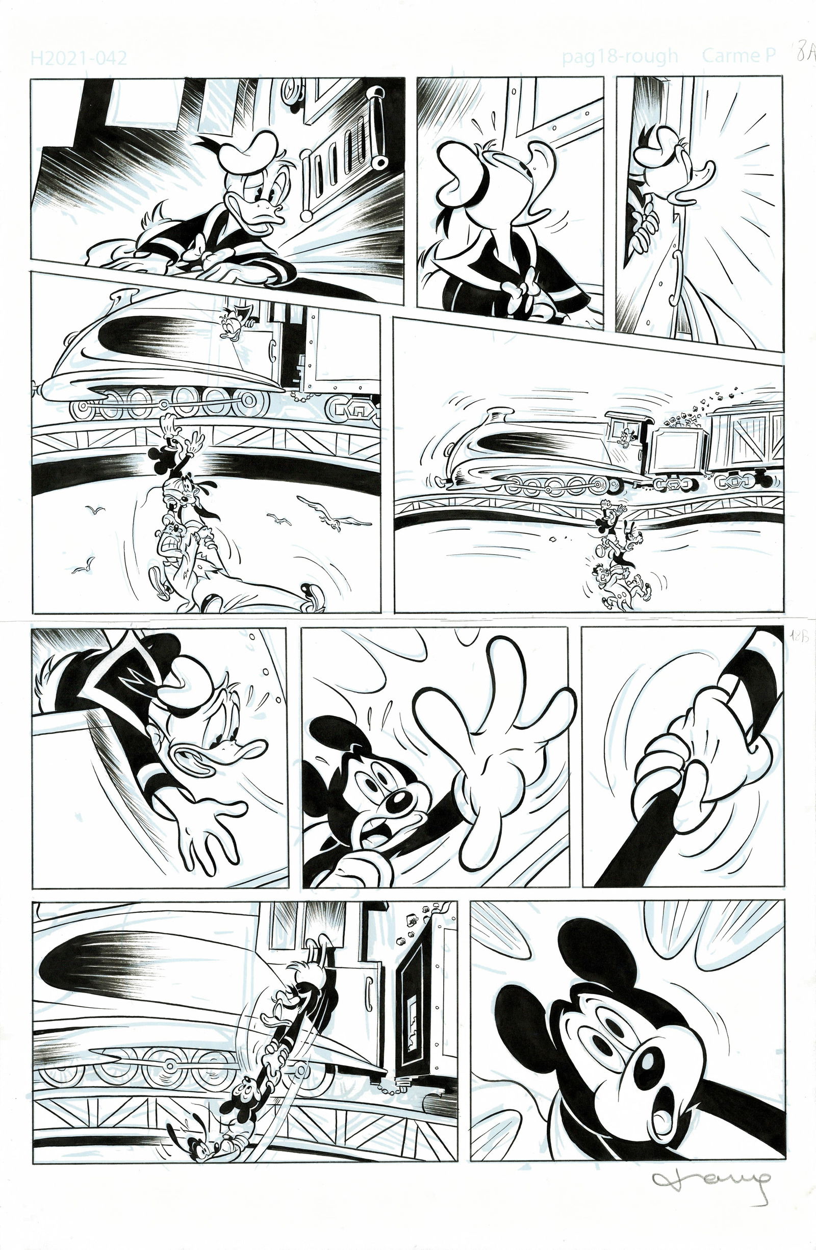 Tony Fernandez - Mickey Mouse, Donald Duck and Goofy - The Rich Man Race, Page 20/23: Fernandez, Tony Mickey Mouse, Donald Duck and Goofy - The Rich Man Race, Page 20/23 Original Art Pencil on Paper with an image area of 12.6 x 19.7 in Signed by the artist This original production page