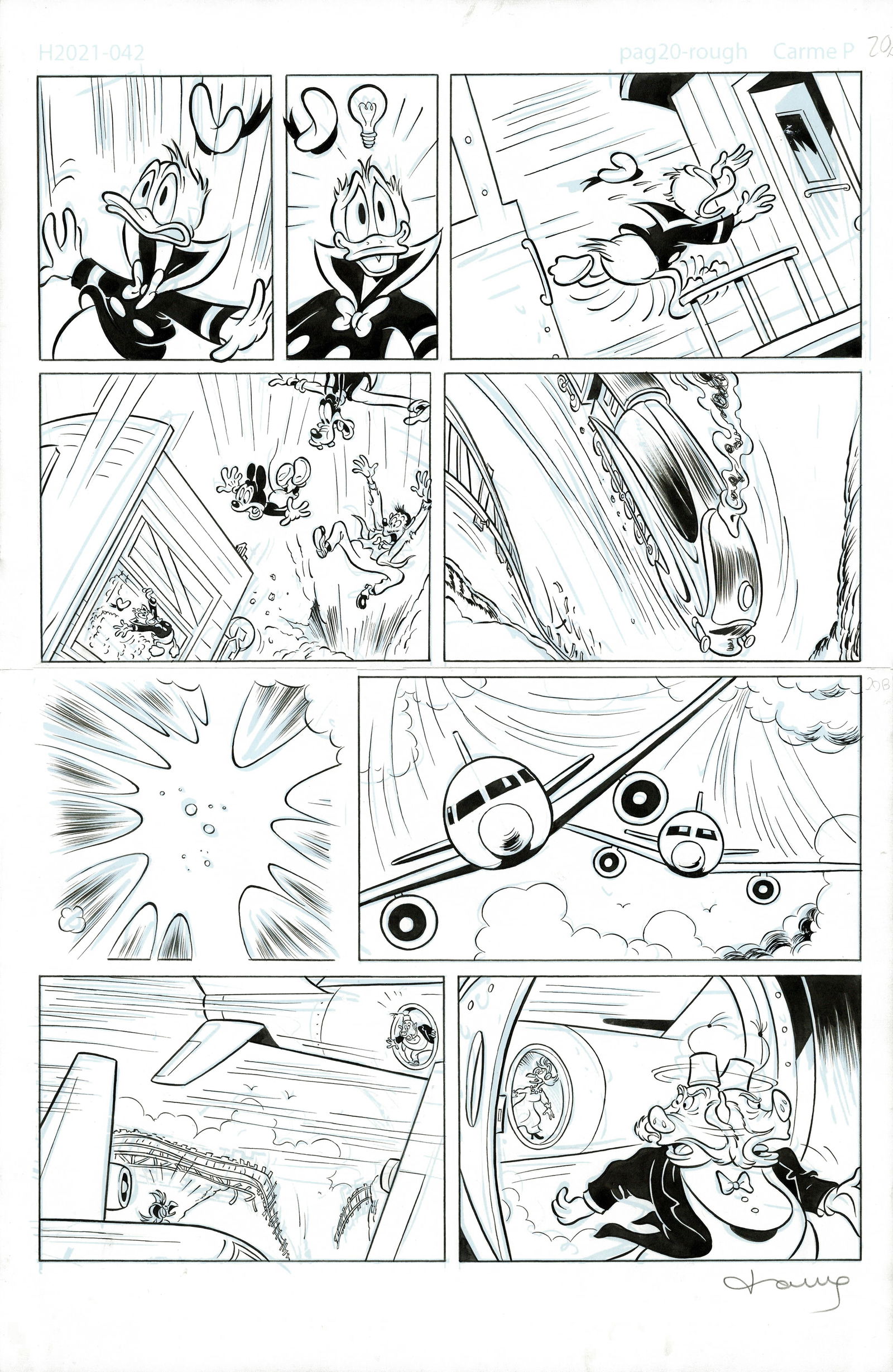 Tony Fernandez - Mickey Mouse, Donald Duck and Goofy - The Rich Man Race, Page 18/23: Fernandez, Tony Mickey Mouse, Donald Duck and Goofy - The Rich Man Race, Page 18/23 Original Art Pencil on Paper with an image area of 12.6 x 19.7 in Signed by the artist This original production page