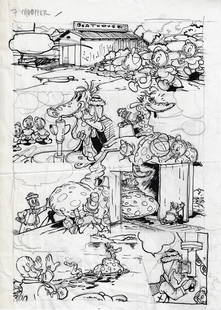 Victor Arriagada (Vicar) - Donald Duck Nephews in "Dogs" #1: Vicar Donald Duck in Nephews in "Dogs" Page #1 Original Production Drawing Ink on paper with an image area of 11.8 x 8.3 in Signed by the artist This original drawing has been created by Chilean carto